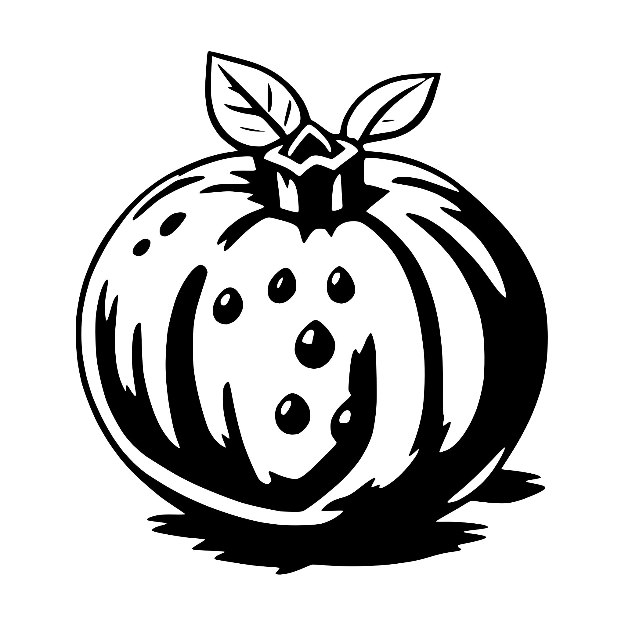 The SVG depicts a stylized, cartoon-like illustration of a pumpkin with a face. The pumpkin has a round body with a stem on top, and it features a smiling mouth with teeth and a pair of eyes with eyebrows. The face is anthropomorphized, giving the pumpkin a friendly and cheerful expression. The illustration is simple and uses solid black lines against a white background. 