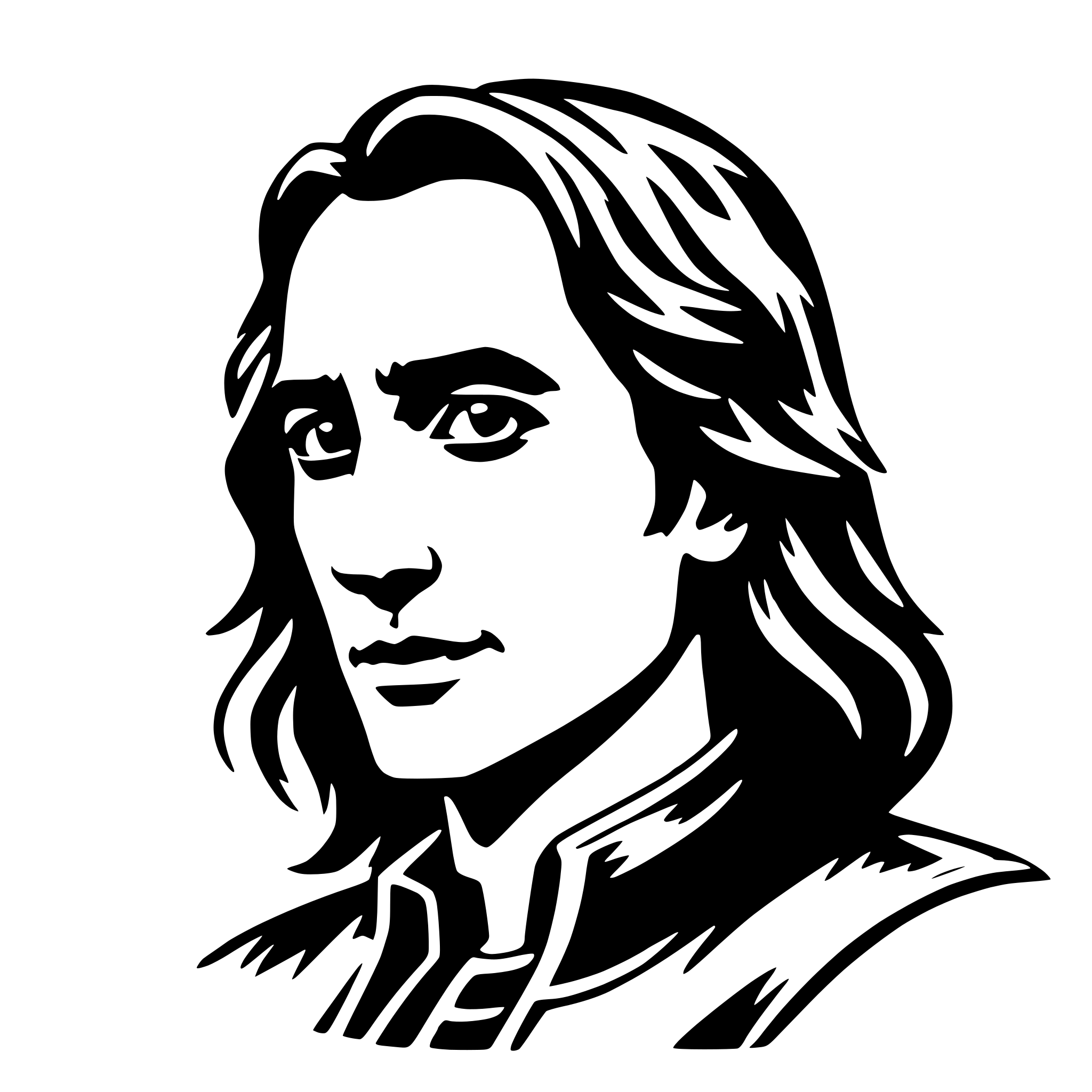 The SVG depicts a stylized portrait of a person with long hair. The person is looking directly at the viewer, and the SVG is rendered in a simple, graphic style with solid lines and flat colors. The hair is drawn with flowing lines, and the facial features are depicted with minimal detail, emphasizing the contours of the face and the hair. The SVG does not contain any text or additional objects, and the main focus is on the portrait of the person. 