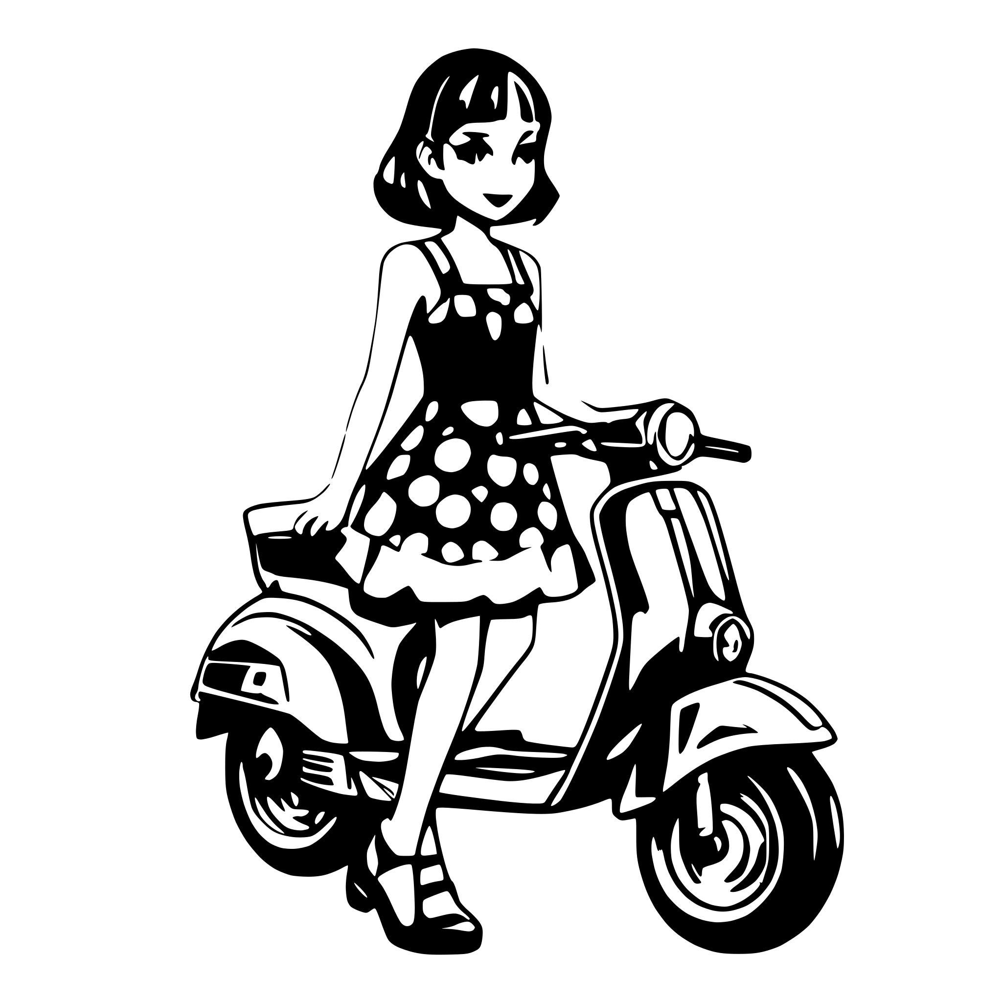AI-generated SVG of a Girl on a vespa scooter with short dark hair and a polka dot dress