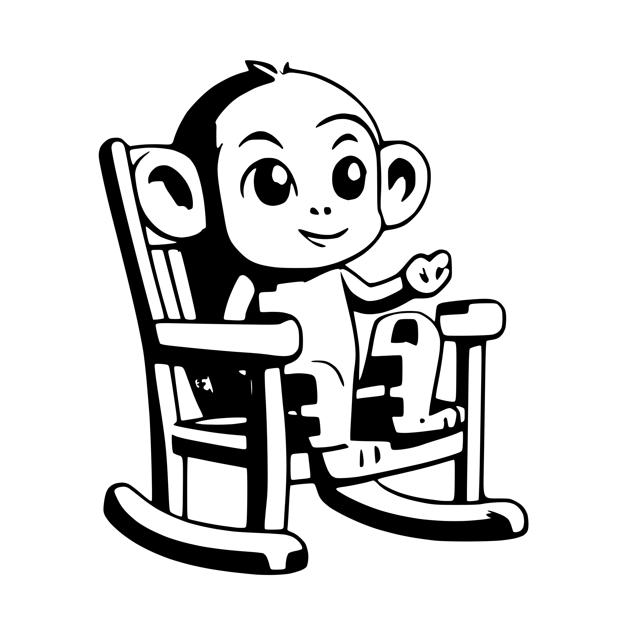 AI-generated SVG of a can you make a black and white picture of a cute cartoon monkey in a rocking chair