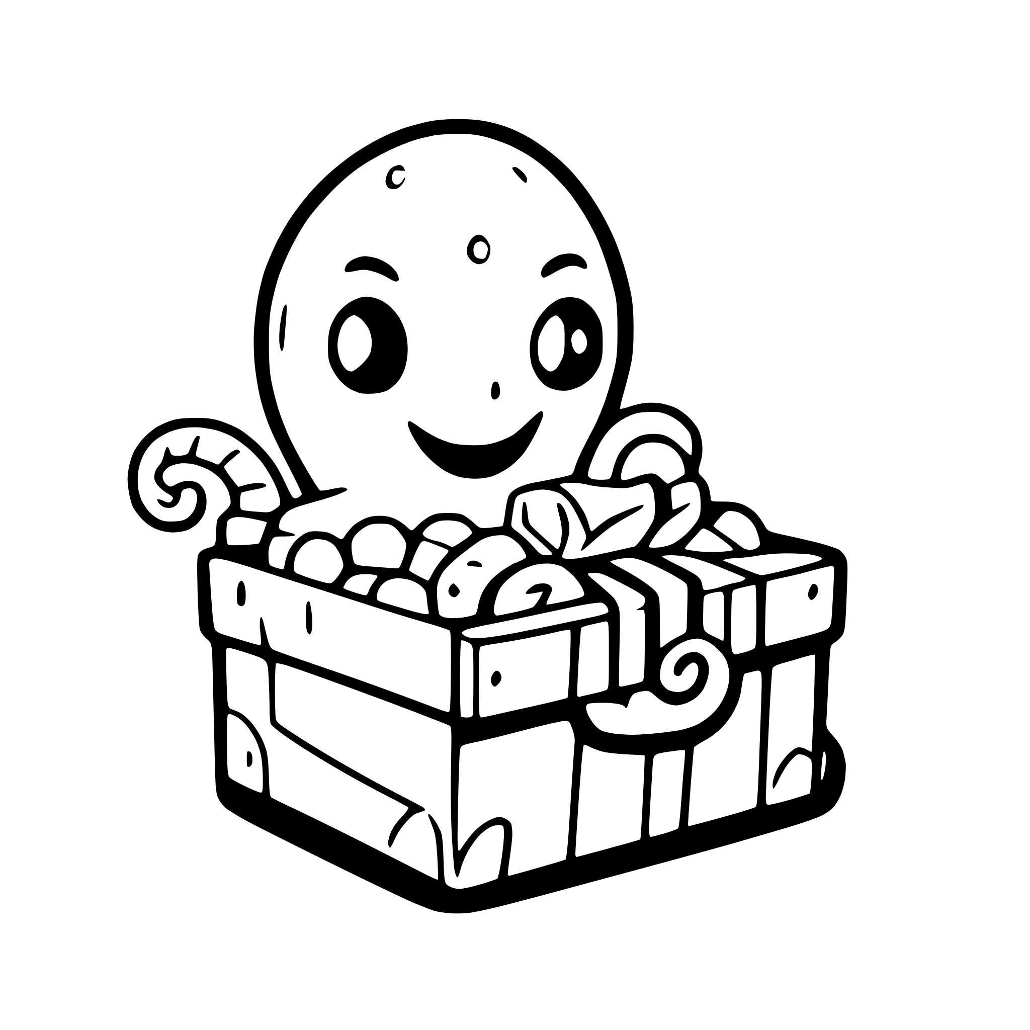AI-generated SVG of 'a happy octopus holding a treasure chest'