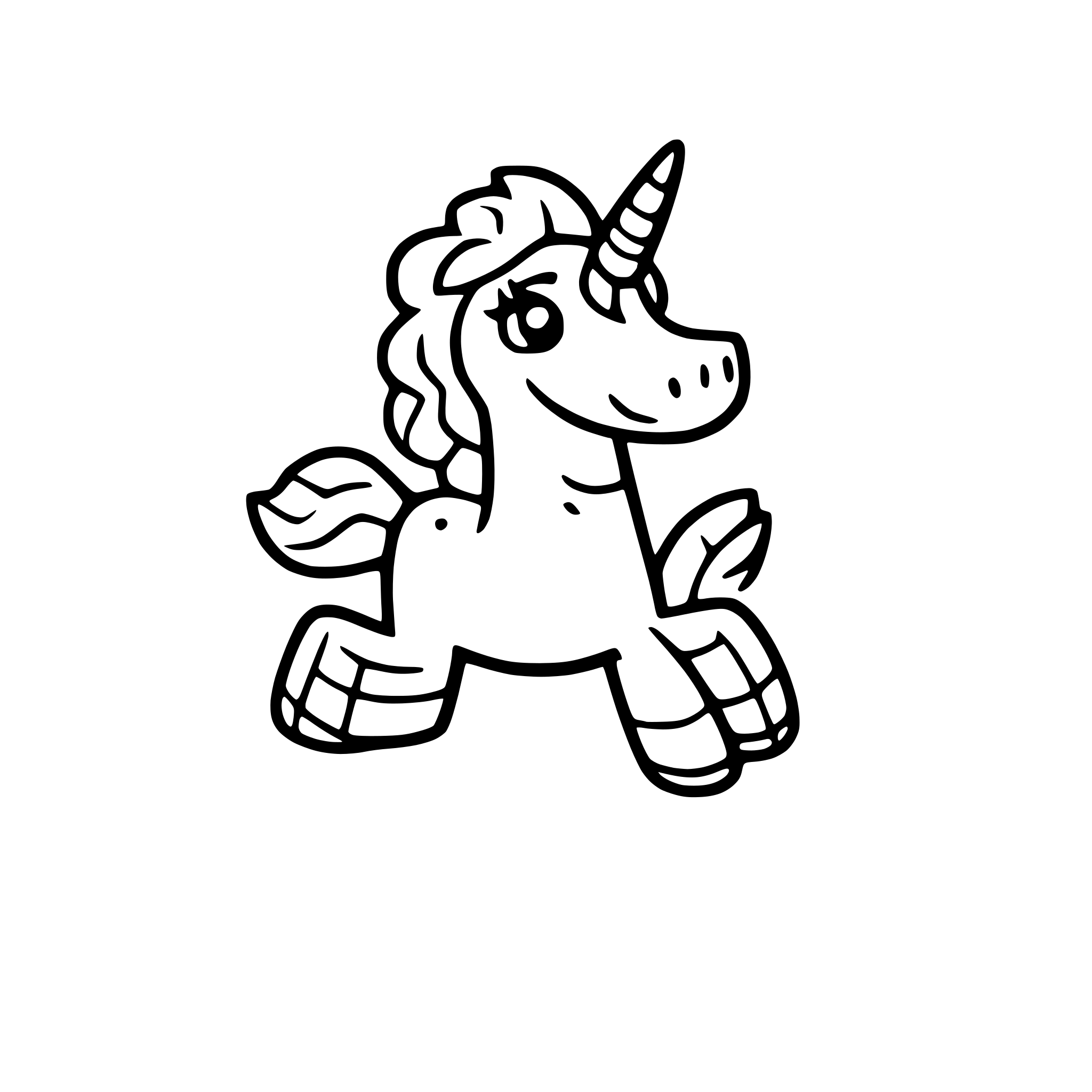 AI-generated SVG of a a rainbow-colored unicorn dancing on clouds