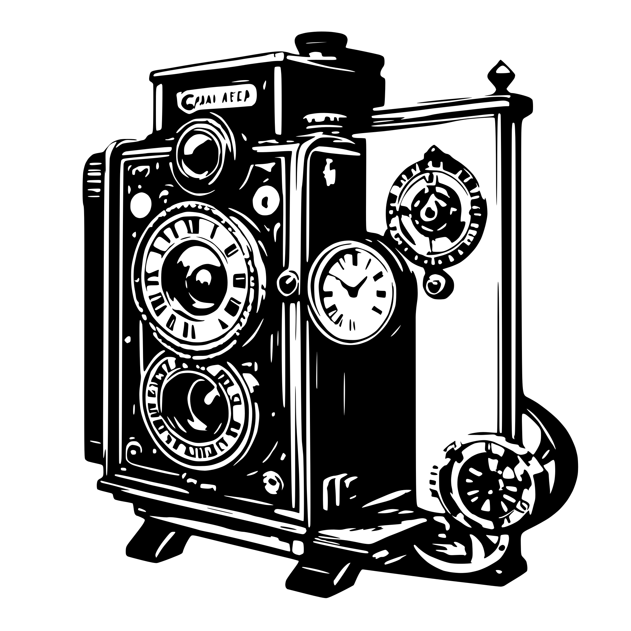 AI-generated SVG of a A detailed black and white SVG illustration of a vintage grandfather A black and white SVG of a vintage camera with a collapsible bellows design. The camera is angled slightly, showing the lens, shutter, and folding mechanism. The design is detailed with screws and textures on the body.. The clock has a tall, ornate wooden frame with visible pendulum and clock face. Roman numerals and decorative carvings adorn its surface.