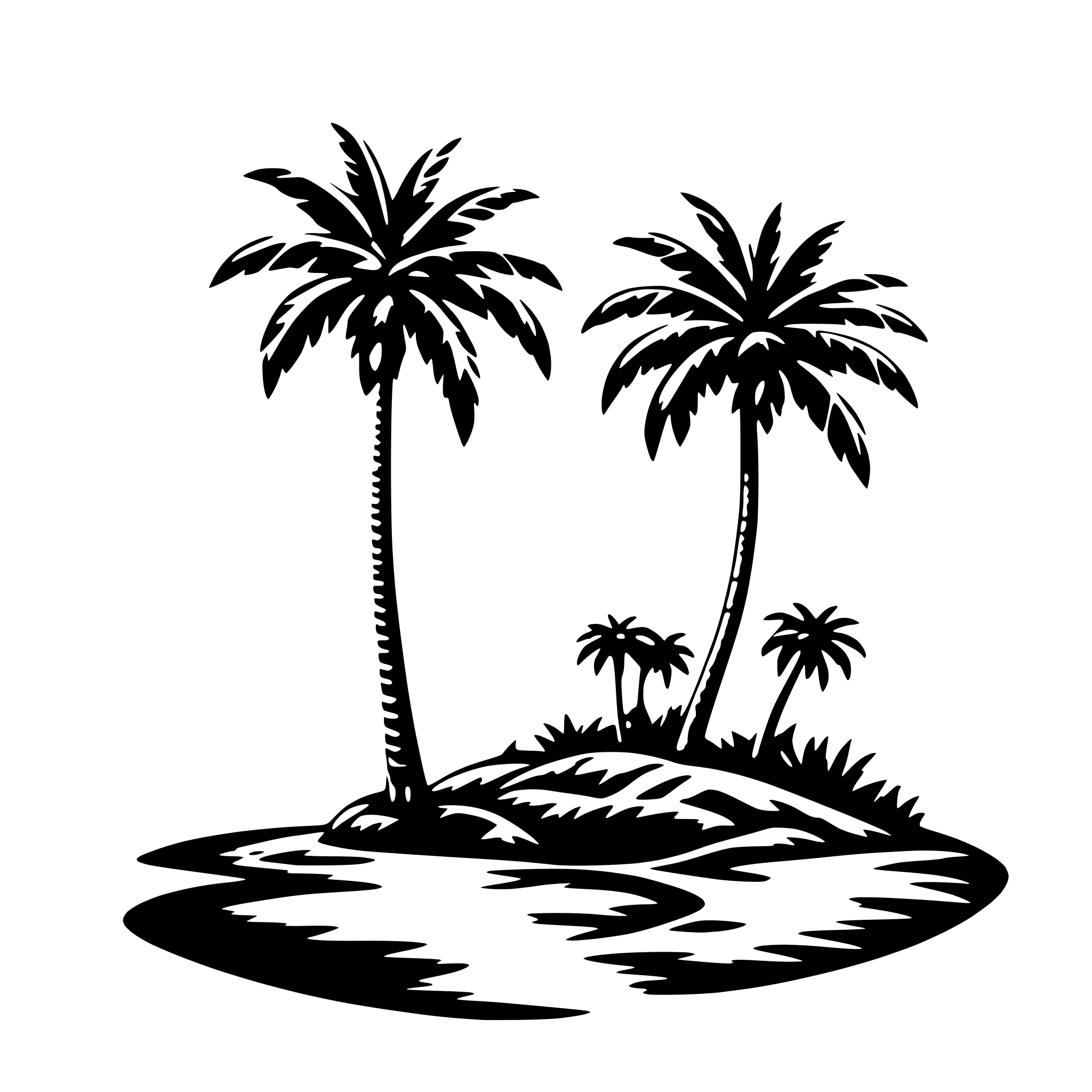 AI-generated SVG of 'A minimal SVG of a small island with two curved palm trees. The base is a simple oval representing land.'
