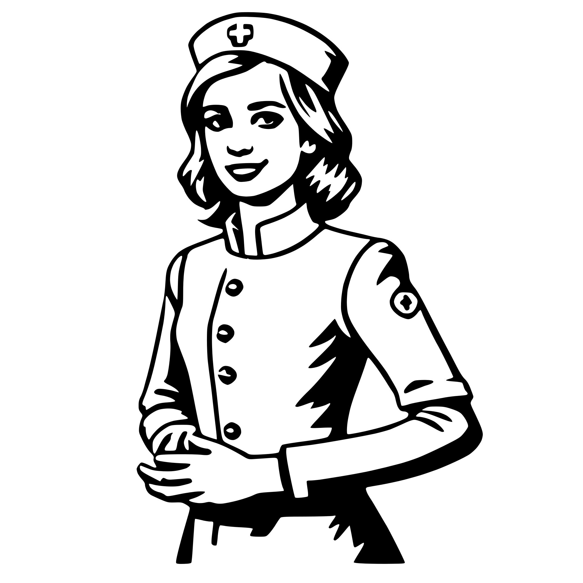 The SVG depicts a stylized illustration of a person wearing a nurse's uniform. The individual is shown with short hair, a smiling expression, and is wearing a white nurse's cap with a red cross symbol on the front. The uniform consists of a white jacket with black buttons, a white shirt, and a black tie. The person's hands are clasped together in front of them. The illustration is simple and uses solid lines and flat colors, with no shading or gradients. The style is reminiscent of a comic book or graphic novel character. 