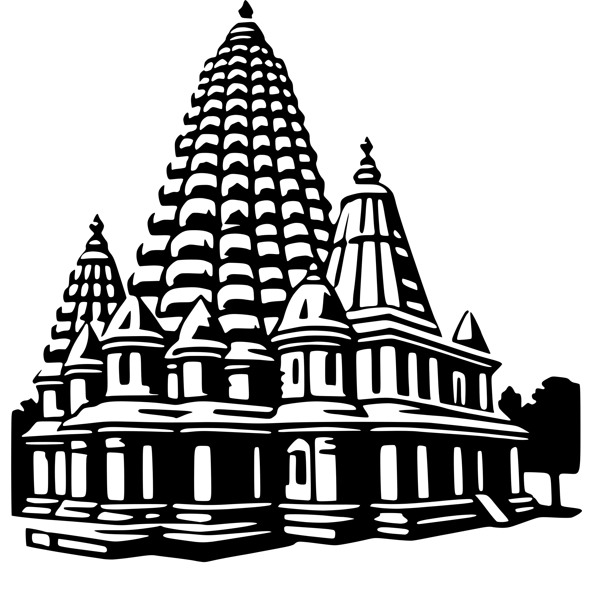 The SVG depicts a temple-like structure with multiple tiers and spires. The temple is symmetrical, with a central tower that is taller than the surrounding structures. Each tier has a series of smaller spires, and the temple is surrounded by a low wall or fence. The architecture suggests a traditional or historical style, possibly inspired by Hindu or Buddhist temple designs. The temple is the central focus of the SVG, and there are no other significant objects or interactions depicted. 
