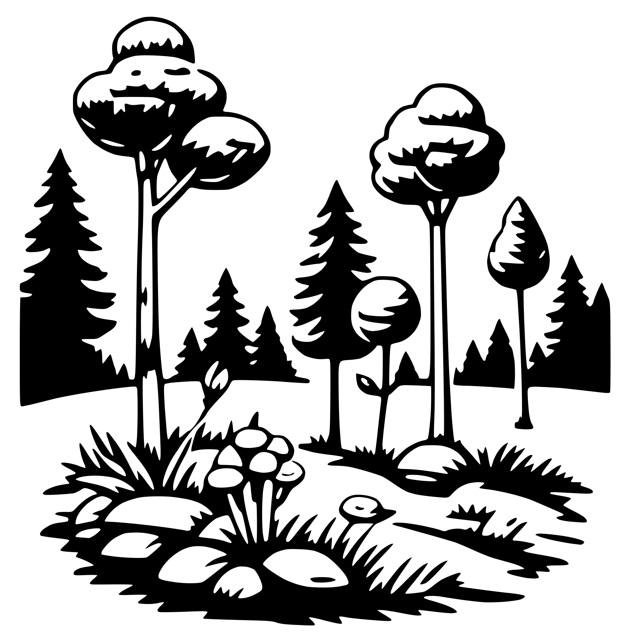 The SVG depicts a stylized forest scene. There are four trees with rounded canopies, two on the left and two on the right. In the center, there is a small clearing with a few rocks and a cluster of what appears to be mushrooms or flowers. The trees are surrounded by a simple outline of a forest, suggesting a dense woodland area. The overall style is minimalistic and appears to be designed for a logo or emblem, given its simplicity and lack of detail. 