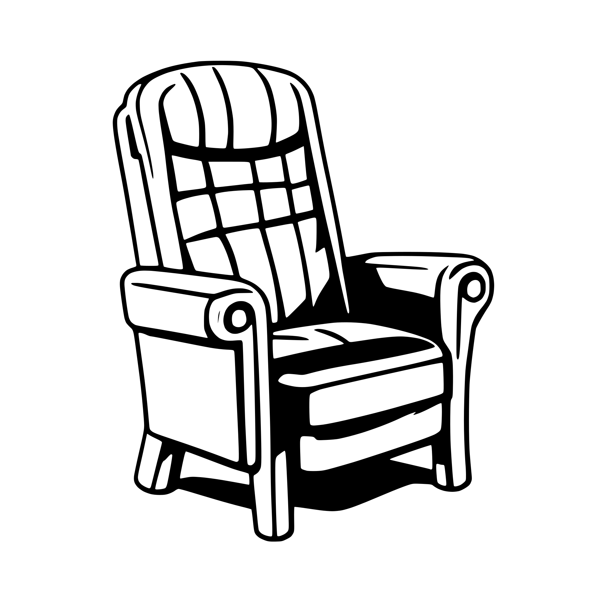 AI-generated SVG of 'A black and white SVG of a recliner chair with a high back and footrest extended.'