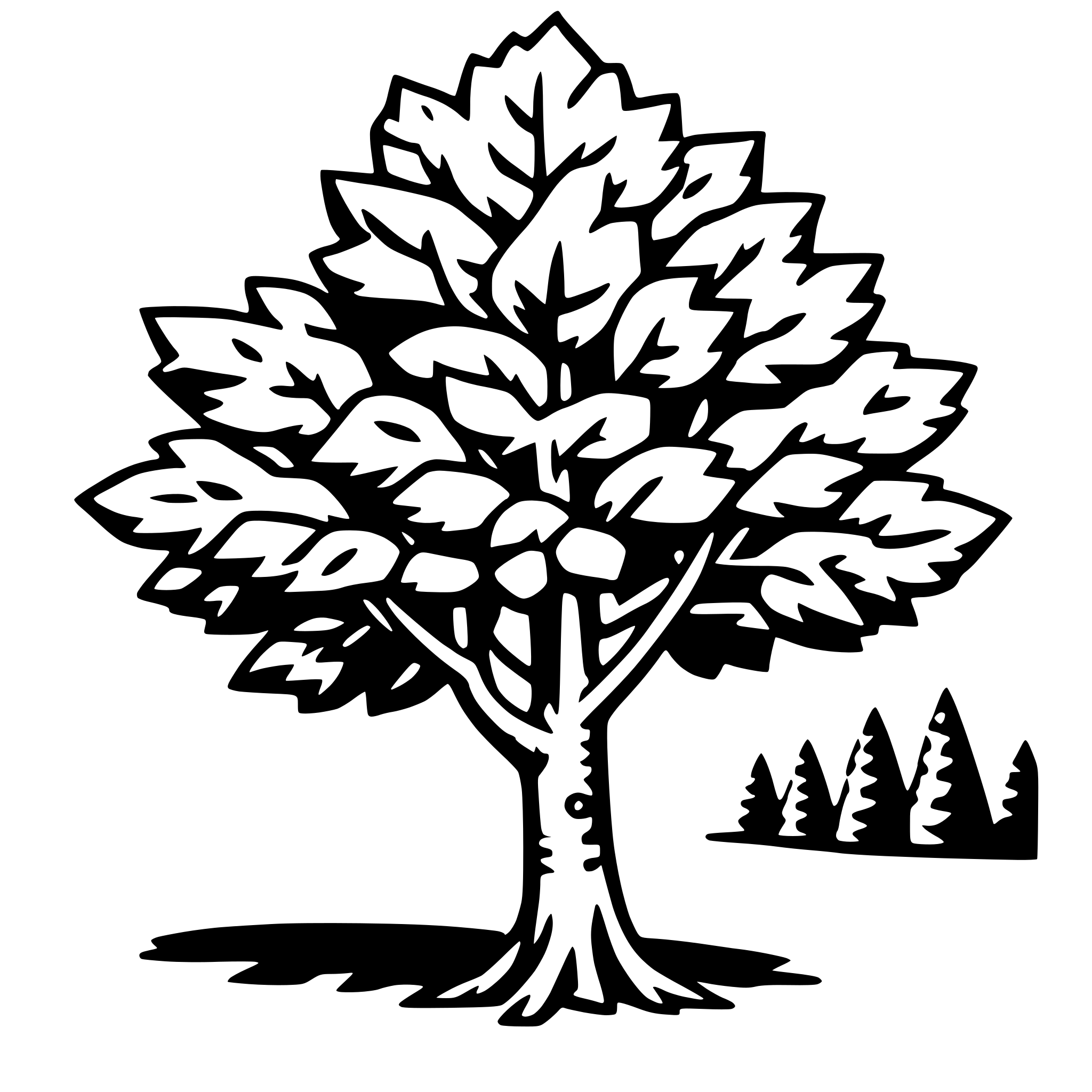 The SVG features a stylized tree with a detailed canopy and a simple trunk, set against a plain background. The tree is depicted with a series of curved lines and shapes to represent the leaves, and it has a thin trunk that tapers slightly towards the bottom. To the right of the tree, there is a small, simplified representation of a forest or a group of trees, consisting of three vertical lines with a horizontal line at the top, suggesting a silhouette of coniferous trees. The overall style is minimalistic and graphic, with a clear emphasis on the tree and the forest motif. 