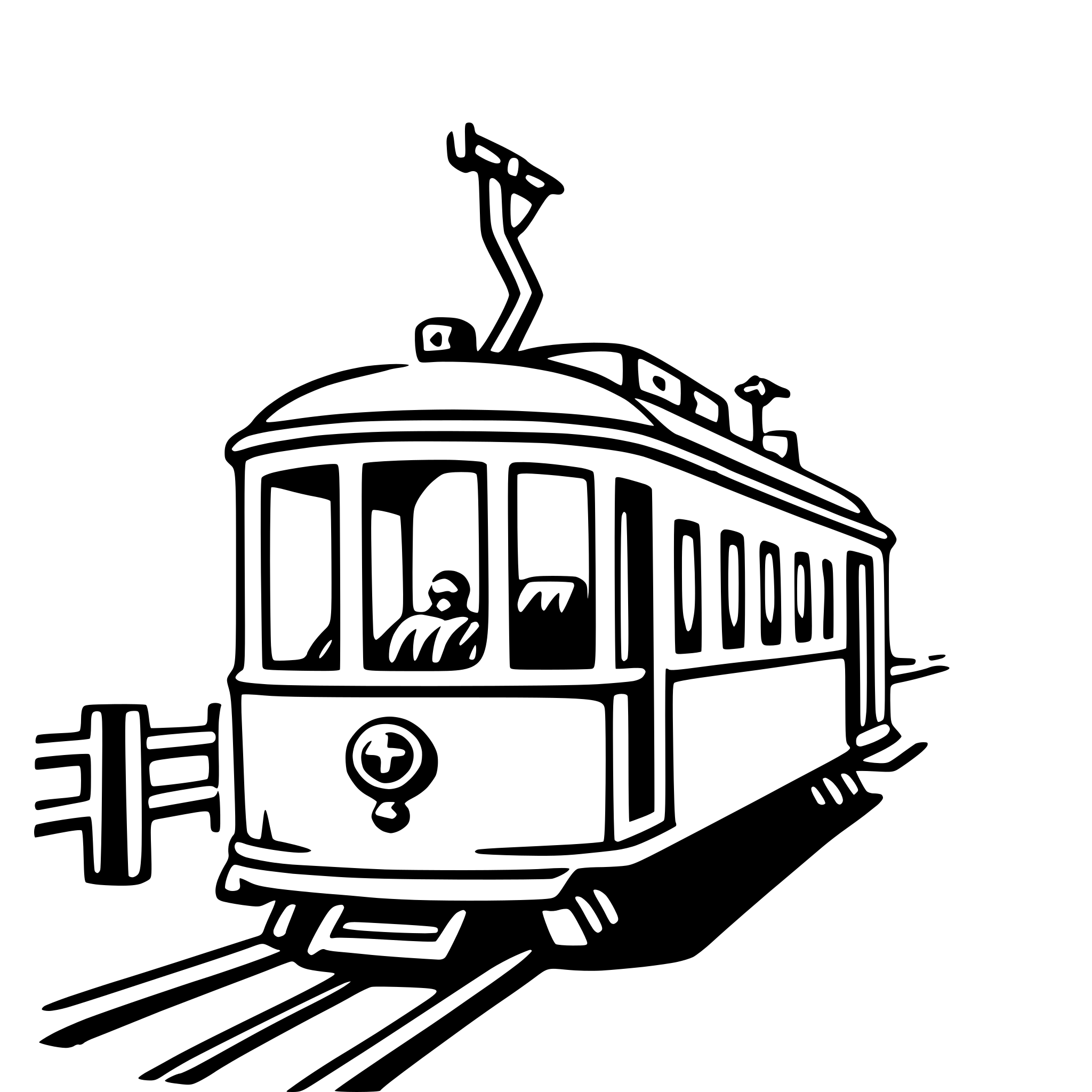 The SVG depicts a stylized train on tracks. The train has a prominent front car with a curved roof, a large front window, and a smaller window on the side. There is a conductor visible through the front window, and the train is equipped with a bell on the front. The train is moving along the tracks, which are depicted with a simple, linear design. The background is plain and does not provide any additional context or details. 