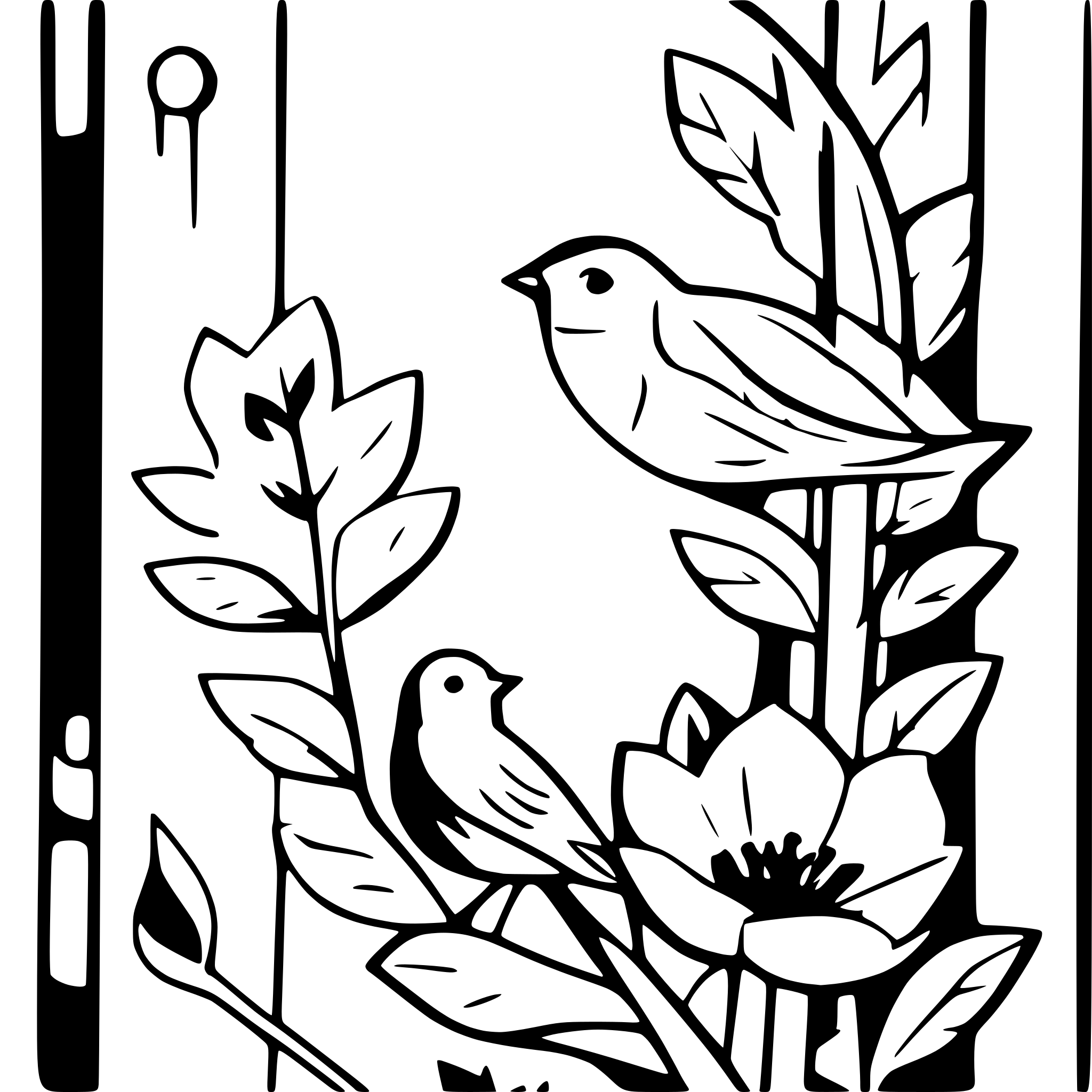 AI-generated SVG of a give me a detailed vector line art in black and white to use with a laser cutter and engraver of flowers and birds for a door topper