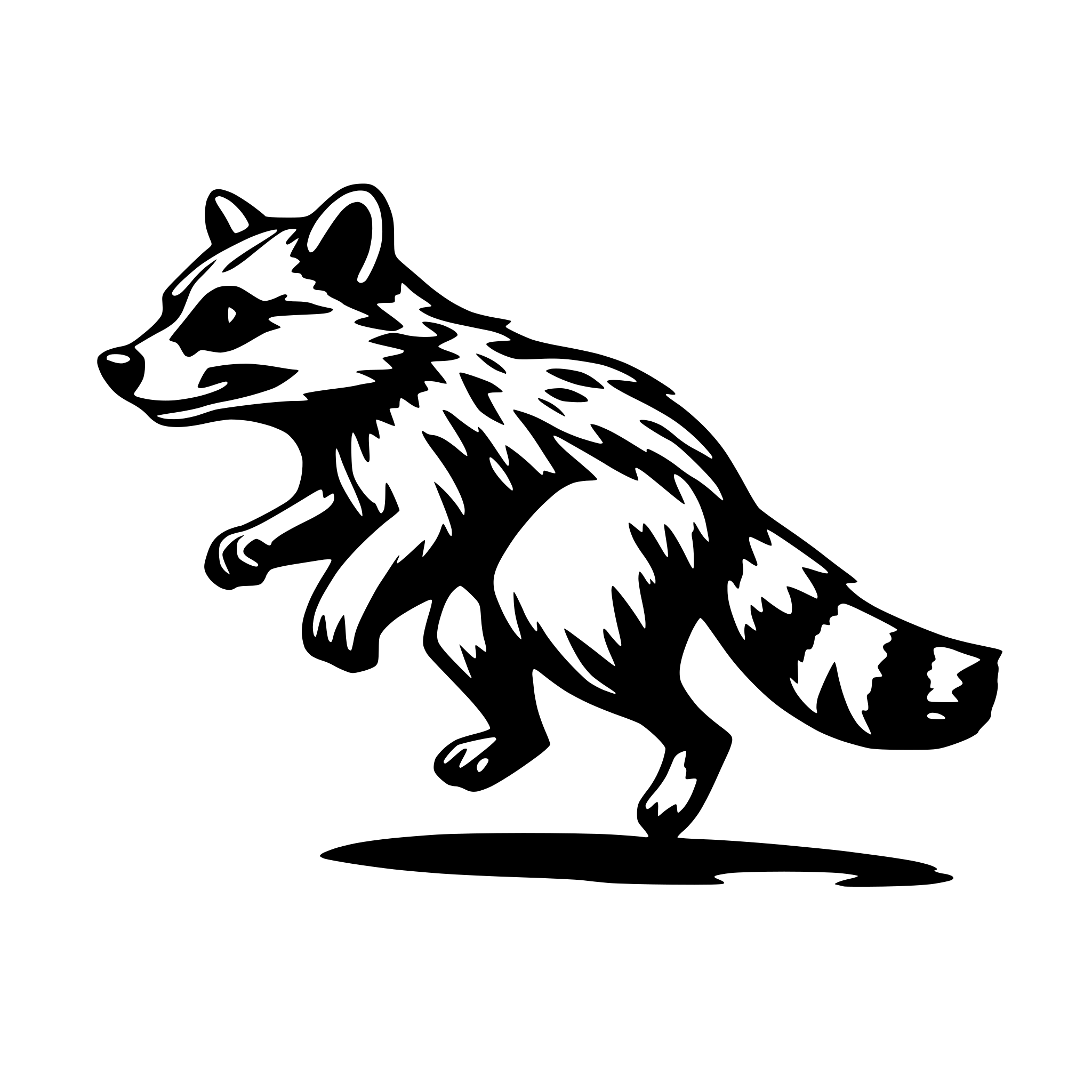AI-generated SVG of a 2D outline of a racoon running, right profile, simple