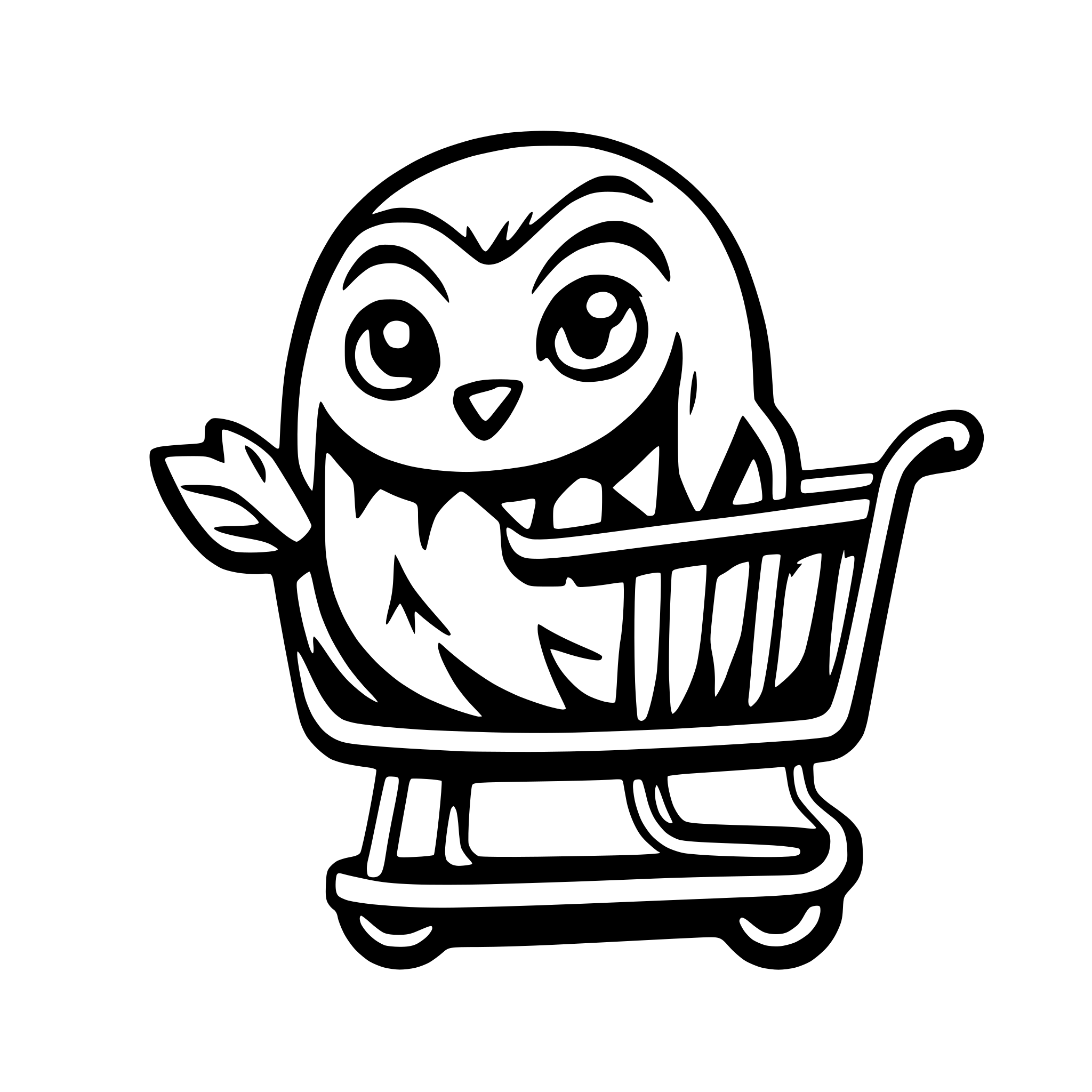AI-generated SVG of a happy owl pushing a shopping cart, colorful cartoon style