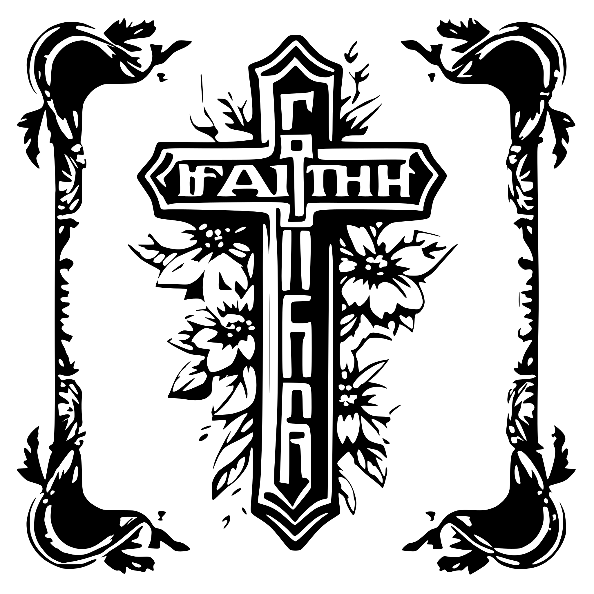 AI-generated SVG of a generate a cross with the word faith inside and a floral design around size it 1.5 inches wide by 5 inches tall