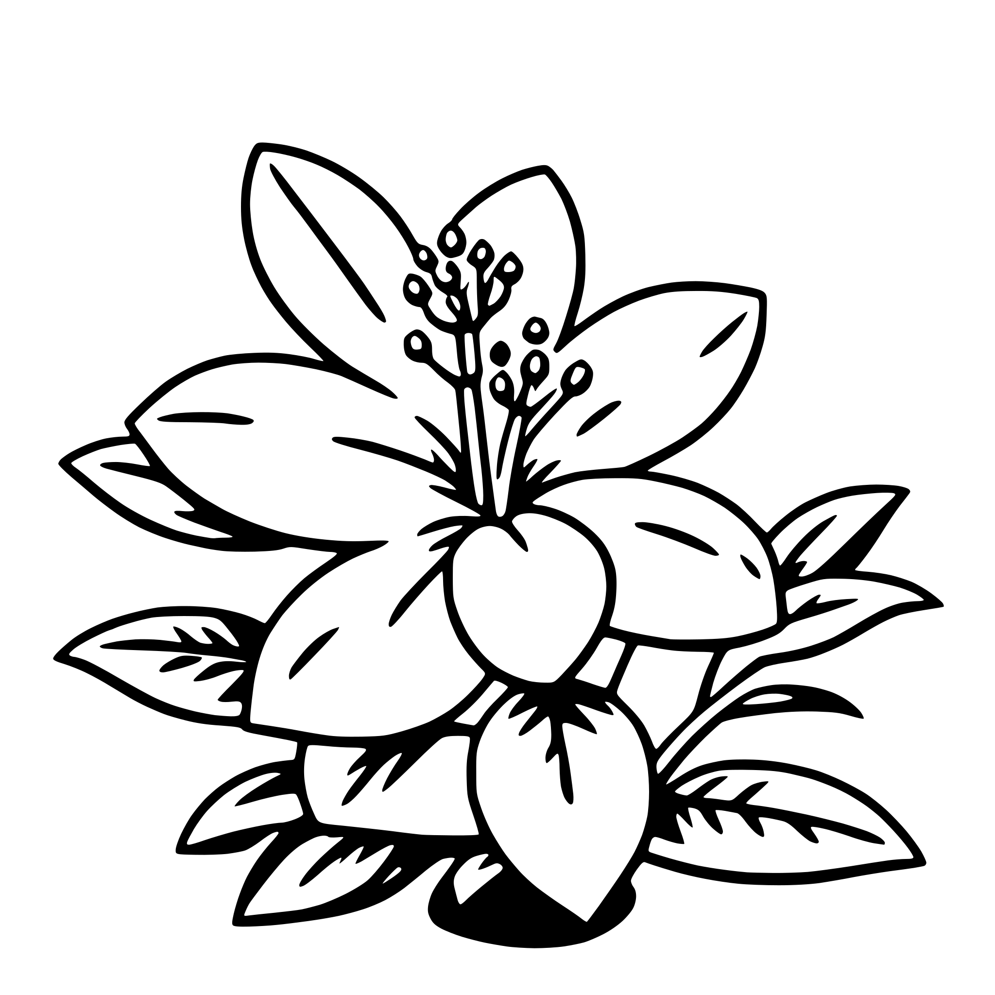 The SVG depicts a stylized flower with a prominent central bloom and several surrounding leaves. The flower has a symmetrical structure with a series of petals that radiate from the center, and a central stem with what appears to be a cluster of small buds or seeds. The leaves are arranged in a circular pattern around the base of the flower, with some leaves extending outward. The overall style is simple and graphic, with clean lines and minimal shading. The SVG does not contain any text or additional elements. 