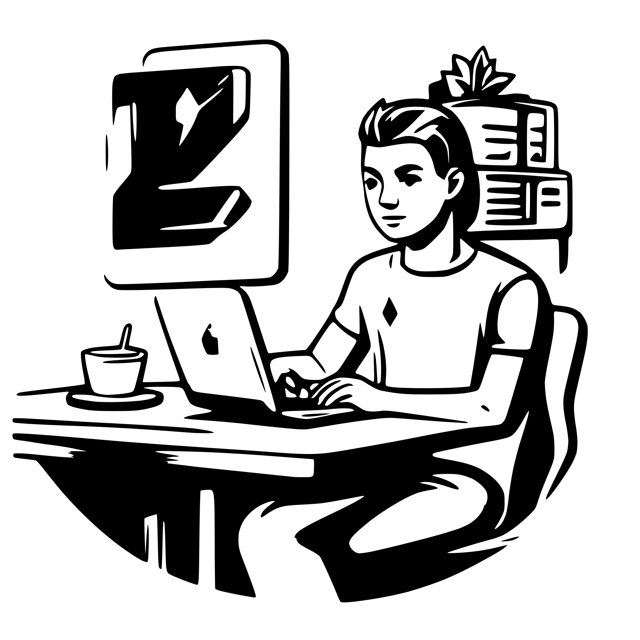 AI-generated SVG of a Male software developer. White background. No background. This is a programmer facing us. Sitting at a desk with a laptop and coding. Wearing a t-shirt and jeans. Use three colors. Light blue and black colors. No text.