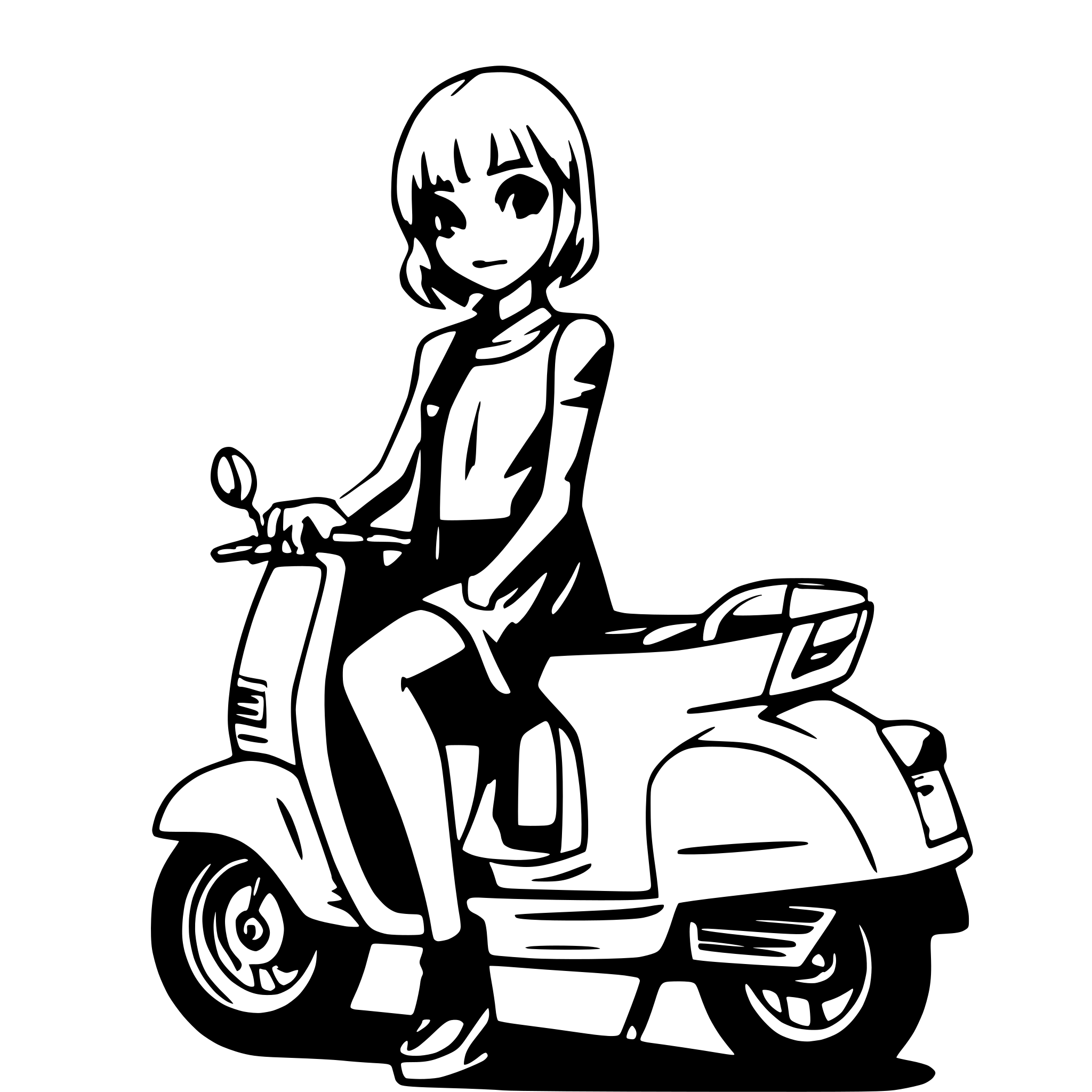AI-generated SVG of a Short hairs colored black women on a vespa