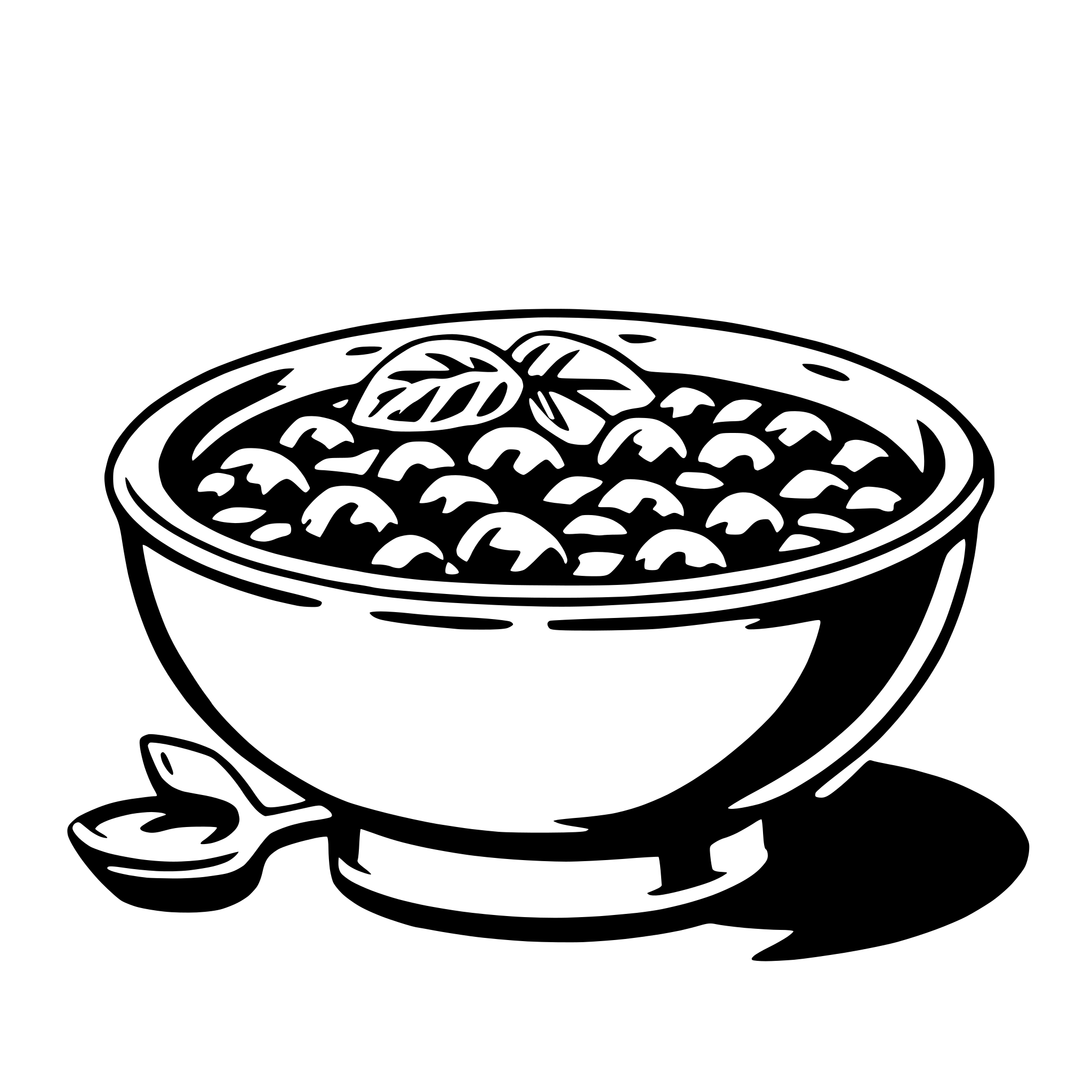 The SVG depicts a simple, stylized illustration of a bowl of fruit. The bowl is round with a handle on one side, and it appears to be filled with fruit pieces. There is a spoon resting on the side of the bowl, suggesting that the fruit is ready to be eaten. The style is minimalistic and cartoonish, with solid black outlines and no shading or coloring. The SVG does not contain any text. 