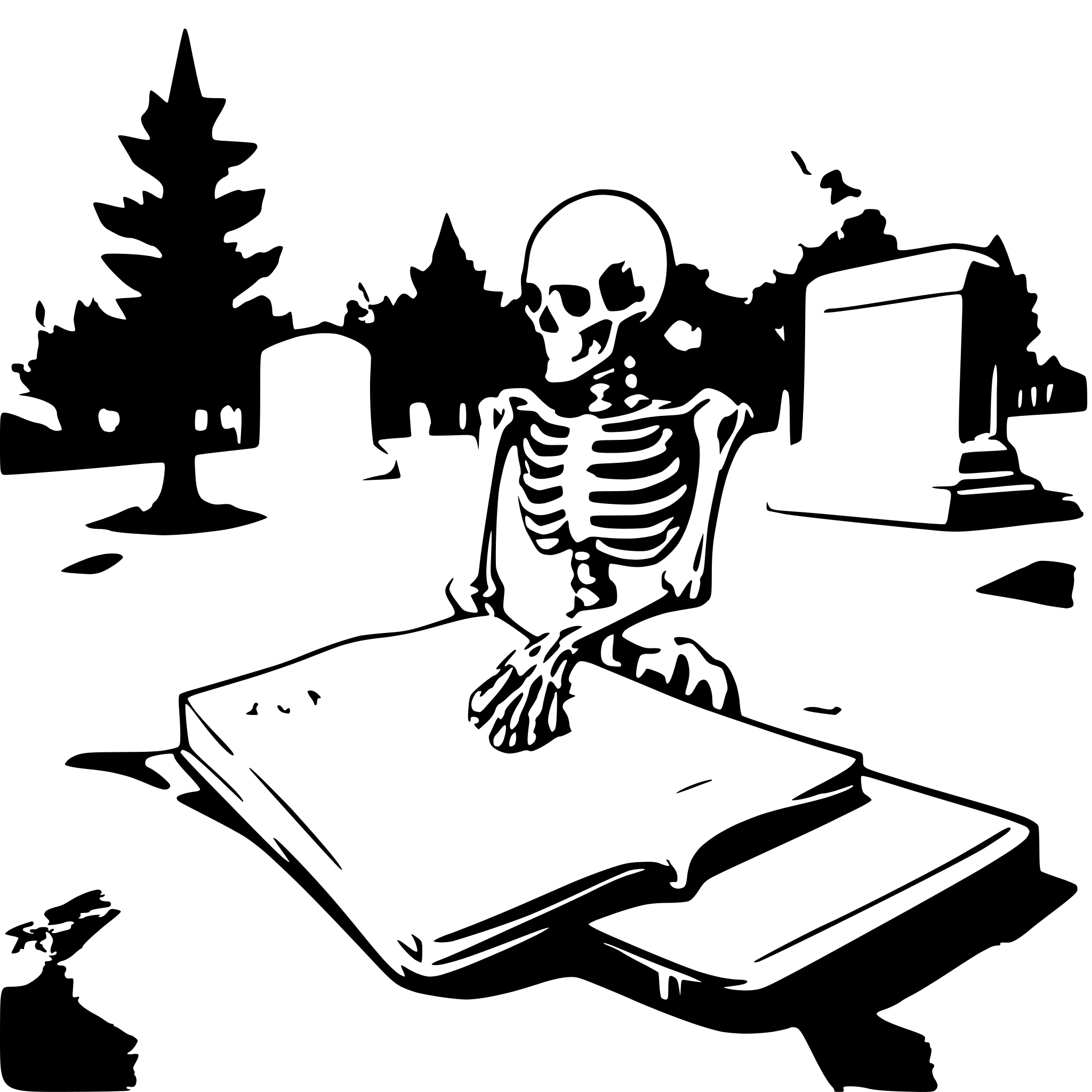 AI-generated SVG of a a skeleton on a cemetery reading a big book