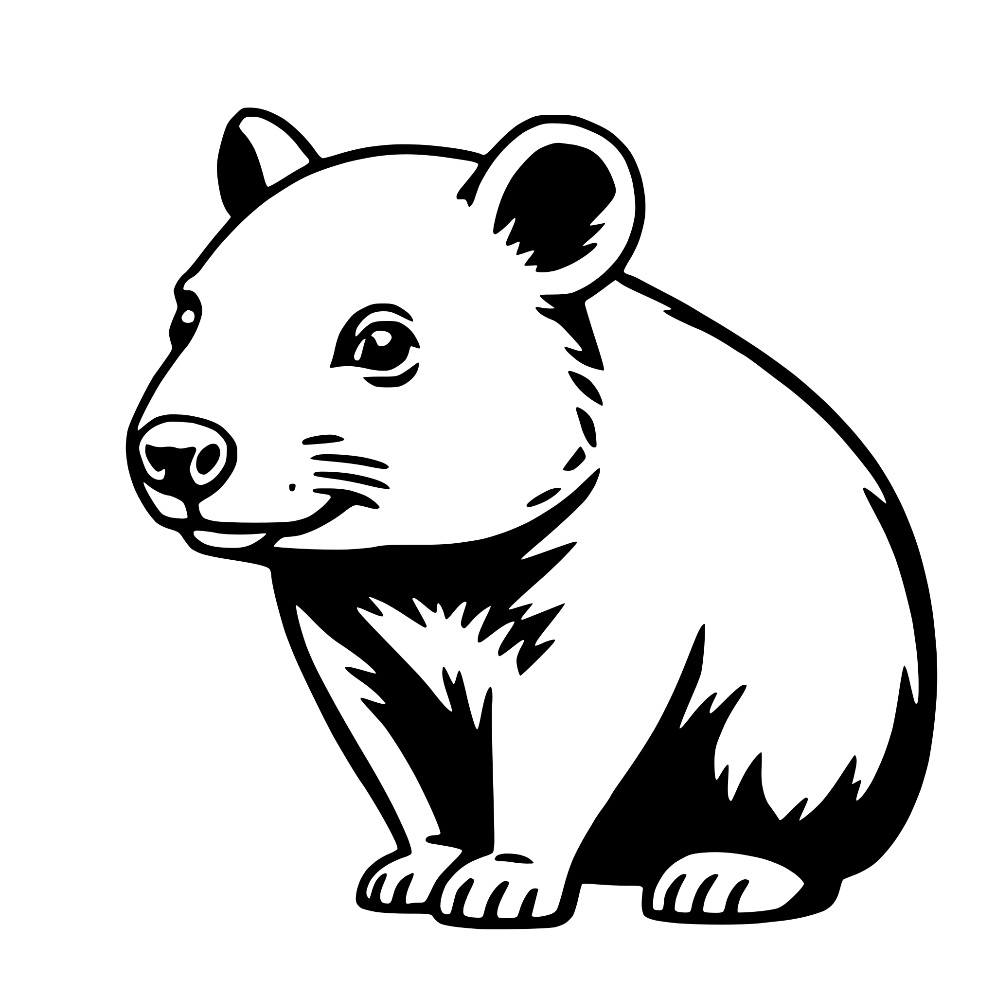 The SVG depicts a stylized, cartoon-like illustration of a bear. The bear is standing upright on its hind legs, with its front paws resting on the ground. It has a round head with two small ears, a small snout, and a simple, smiling mouth. The bear's body is elongated with a slight hump on its back, and it has a small tail. The SVG is simple and uses minimal lines and shapes to convey the bear's form. There is no interaction between objects in this SVG, as it is a single, self-contained graphic. 