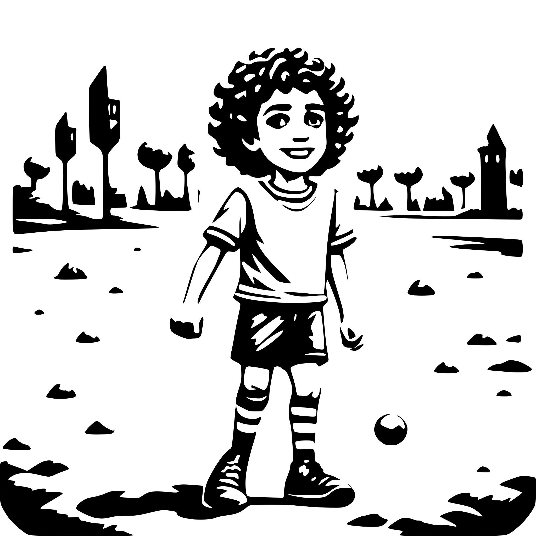 AI-generated SVG of a A cute little boy, with curly hair, playing soccer with his friends on the dirt field of their neighborhood in Iran.