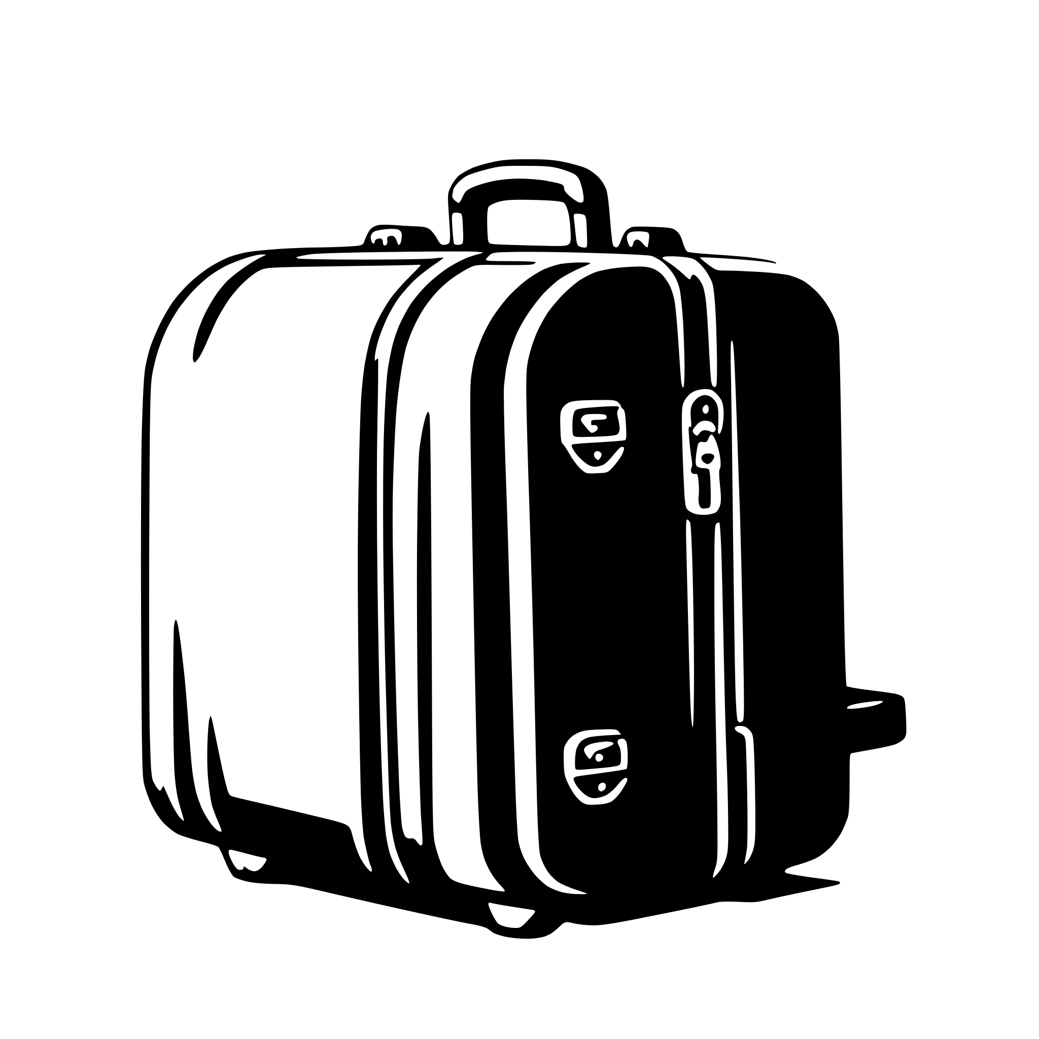 The SVG shows a simple line drawing of a suitcase. The suitcase has a rectangular shape with a flat top and a handle on top. There are two wheels on the bottom, and a small, rectangular tag is attached to the front. The suitcase is depicted in a side view, with the handle extended upwards. The lines are clean and the SVG is flat with no shading or depth, which is typical for vector graphics. 