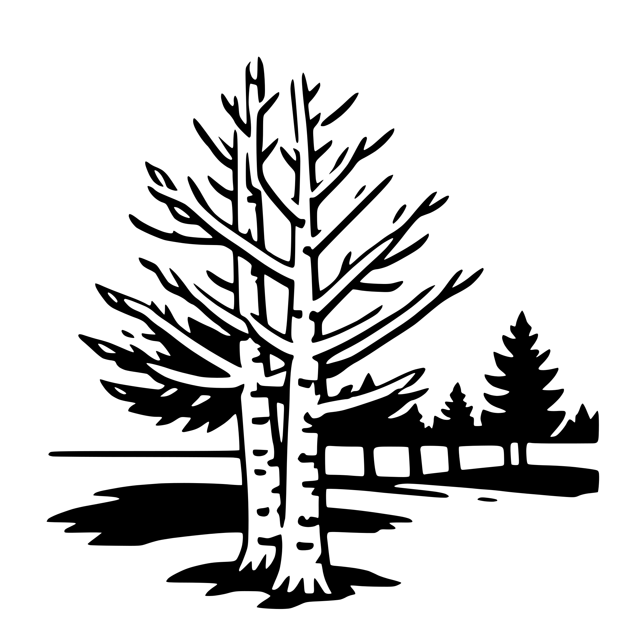 The SVG depicts a simple, stylized representation of a tree and a forest. The tree is shown with a thin trunk and a series of branches that extend outward, giving the impression of a coniferous tree. The branches are depicted with a series of straight lines and curves, suggesting the natural growth pattern of a tree. The forest in the background is composed of a series of similar trees, with the same stylized design, creating a sense of depth and continuity. The trees are set against a plain background, which does not contain any additional details or elements. The SVG is a vector graphic, which means it is composed of lines and shapes that can be scaled up or down without losing quality. The overall style of the SVG is minimalistic and abstract, focusing on the basic shapes and forms of the trees and forest. 