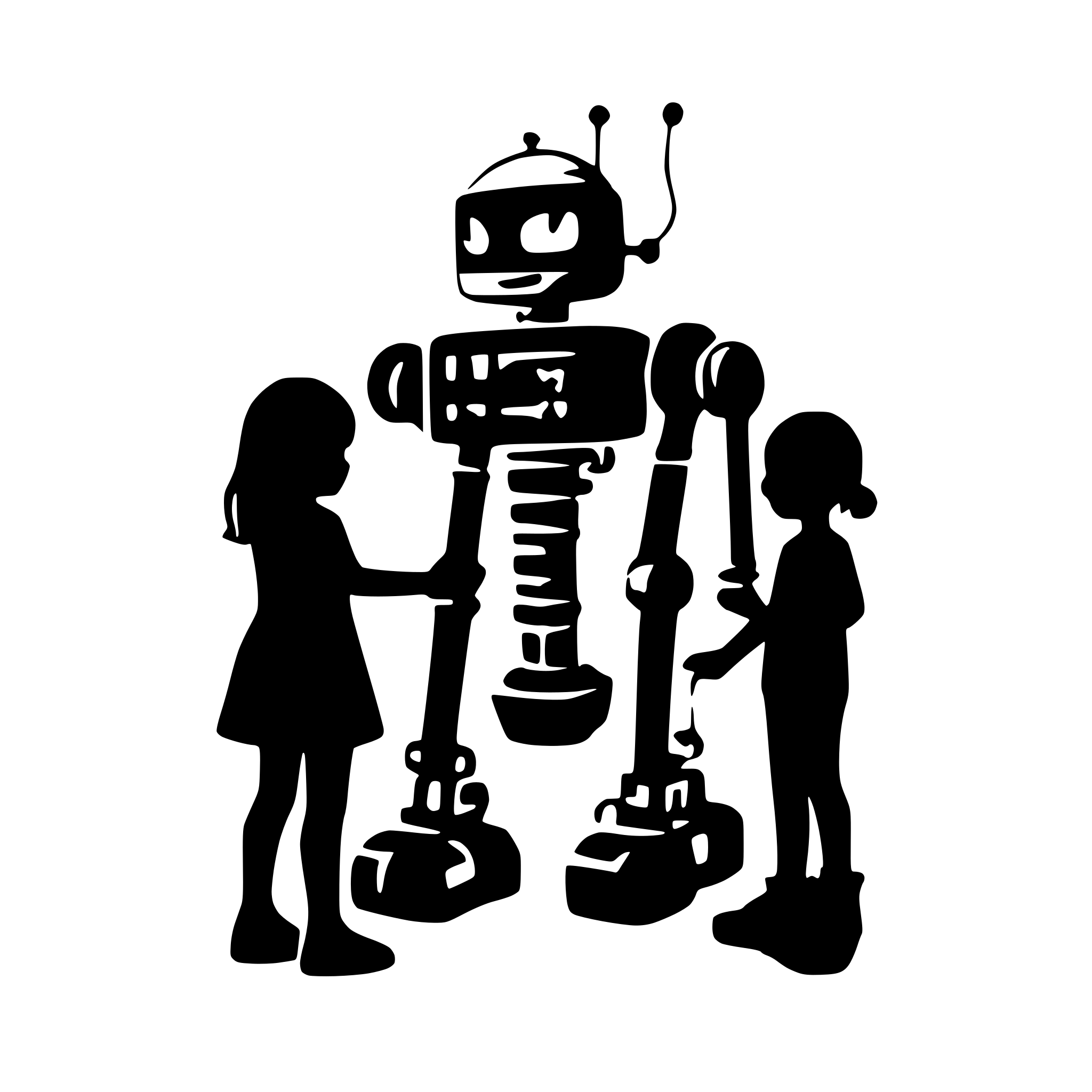 AI-generated SVG of a friendly kids playing with a robot. No background.