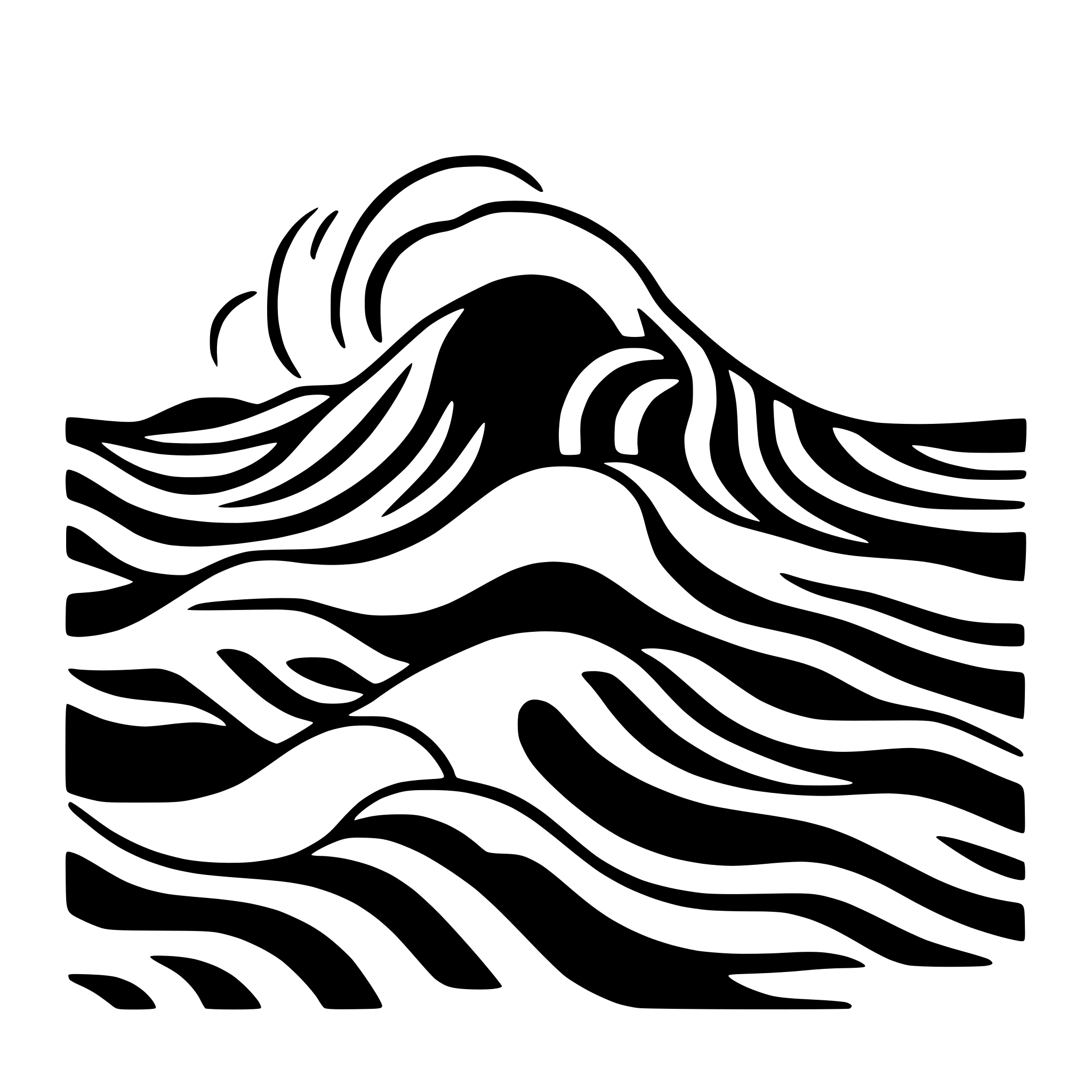 AI-generated SVG of a 2 layer waves, each wave with continous flows from left to right. Each wave is very symbolic. The wave begind is on on top and never crosses the front wave