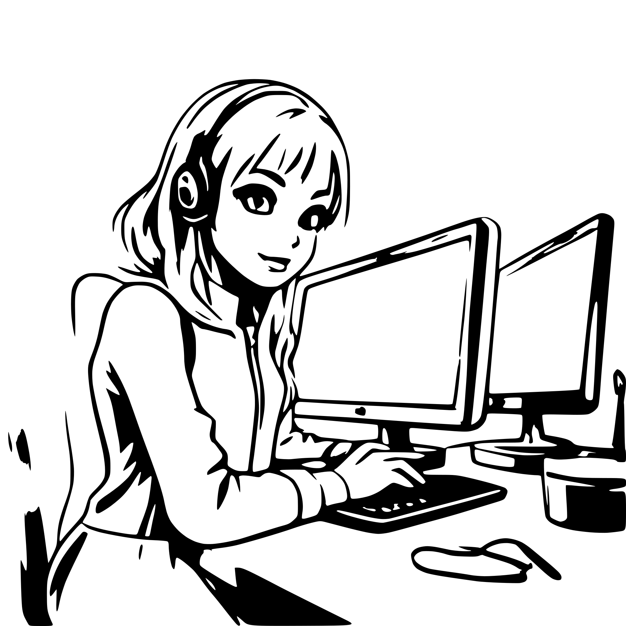 AI-generated SVG of a creative tech girl coding at a cool desk with a couple monitors