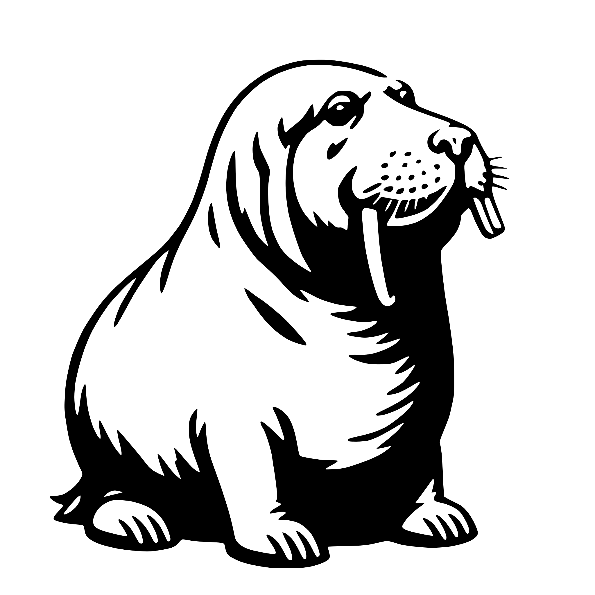 The SVG depicts a stylized, cartoon-like depiction of a seal. The seal is sitting upright with its front paws extended forward, and its head is turned to the side, giving the impression that it is looking at something. It has a large, round head with a prominent snout and a small, round eye on each side. The seal's mouth is open, and it appears to be holding a small object in its mouth, which could be interpreted as a fish or a similar type of prey. The seal's fur is textured, suggesting a soft, plush appearance. The SVG is simple and does not contain any additional elements or background details. 
