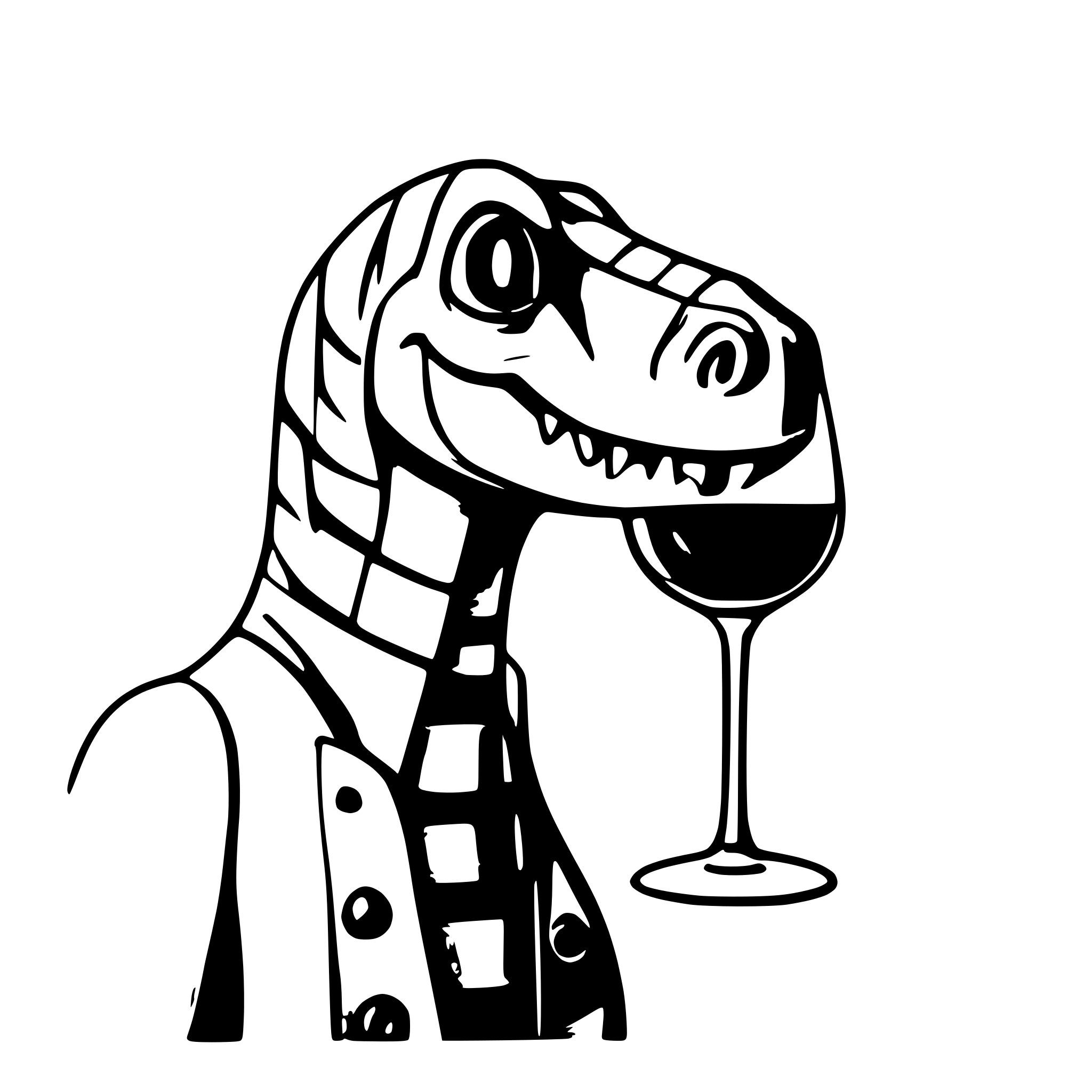 AI-generated SVG of a dinosaur with a glss of wine in the hand