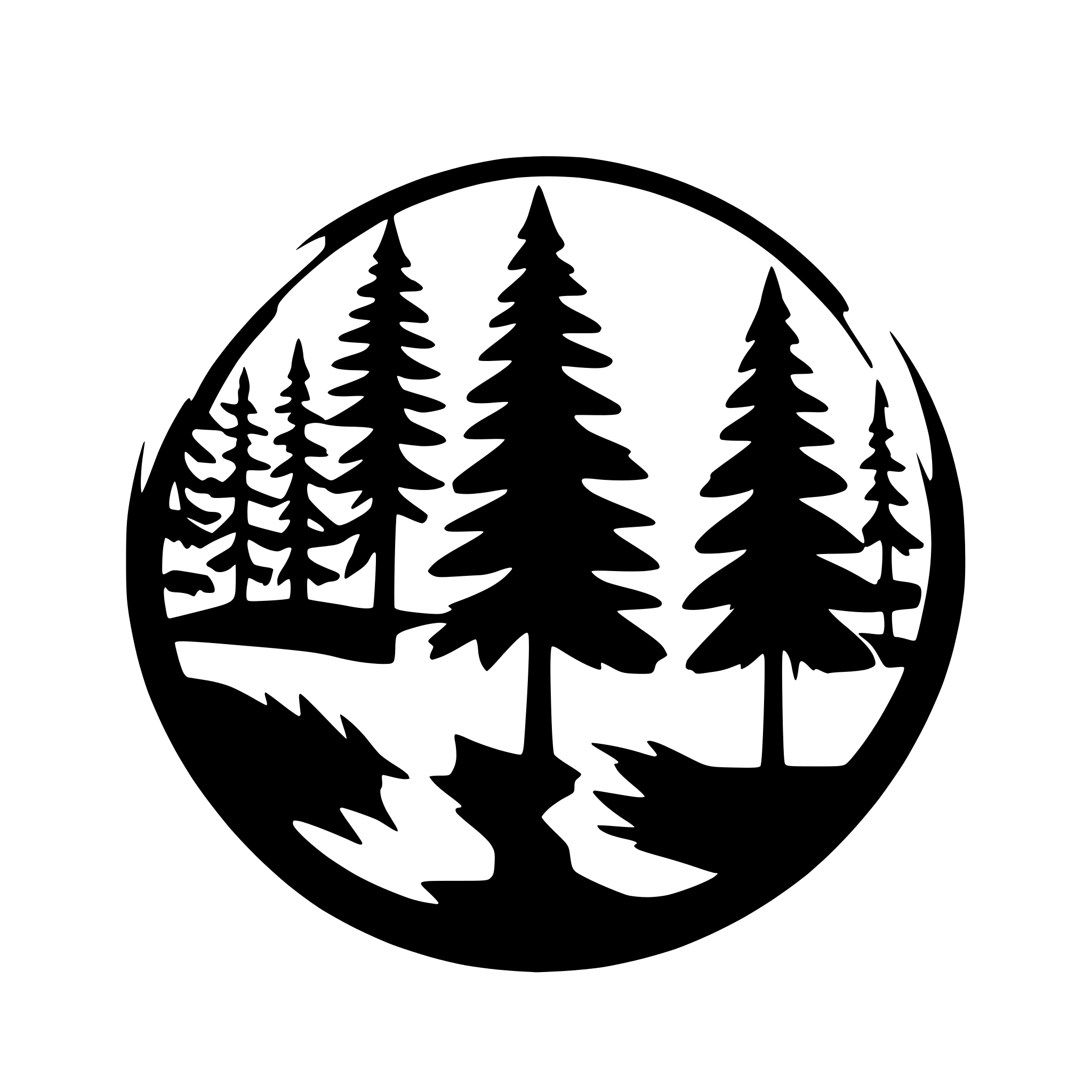 AI-generated SVG of a inverse image of conifer trees in a circle on a black background, add the word Travis