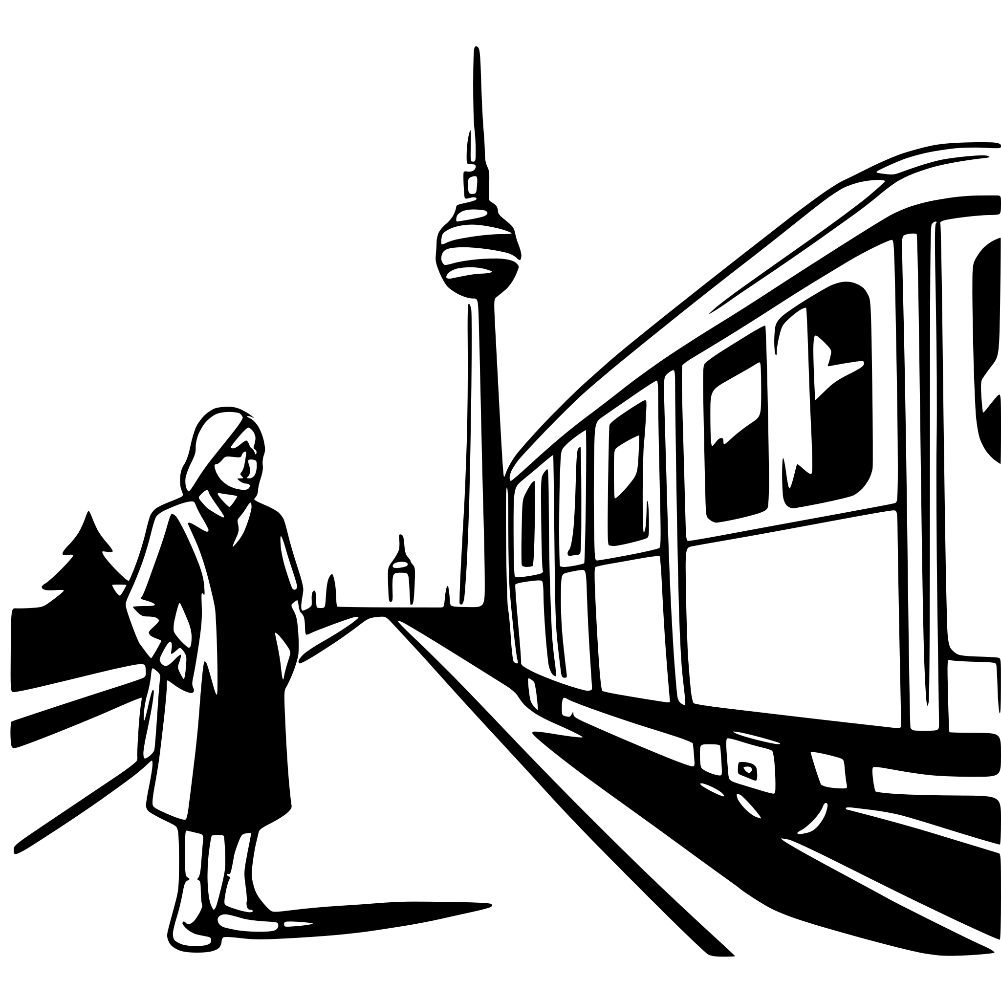 AI-generated SVG of a old man traveling by train with younger woman. show sign Sinzheim and the berlin fernsehturm in the image.