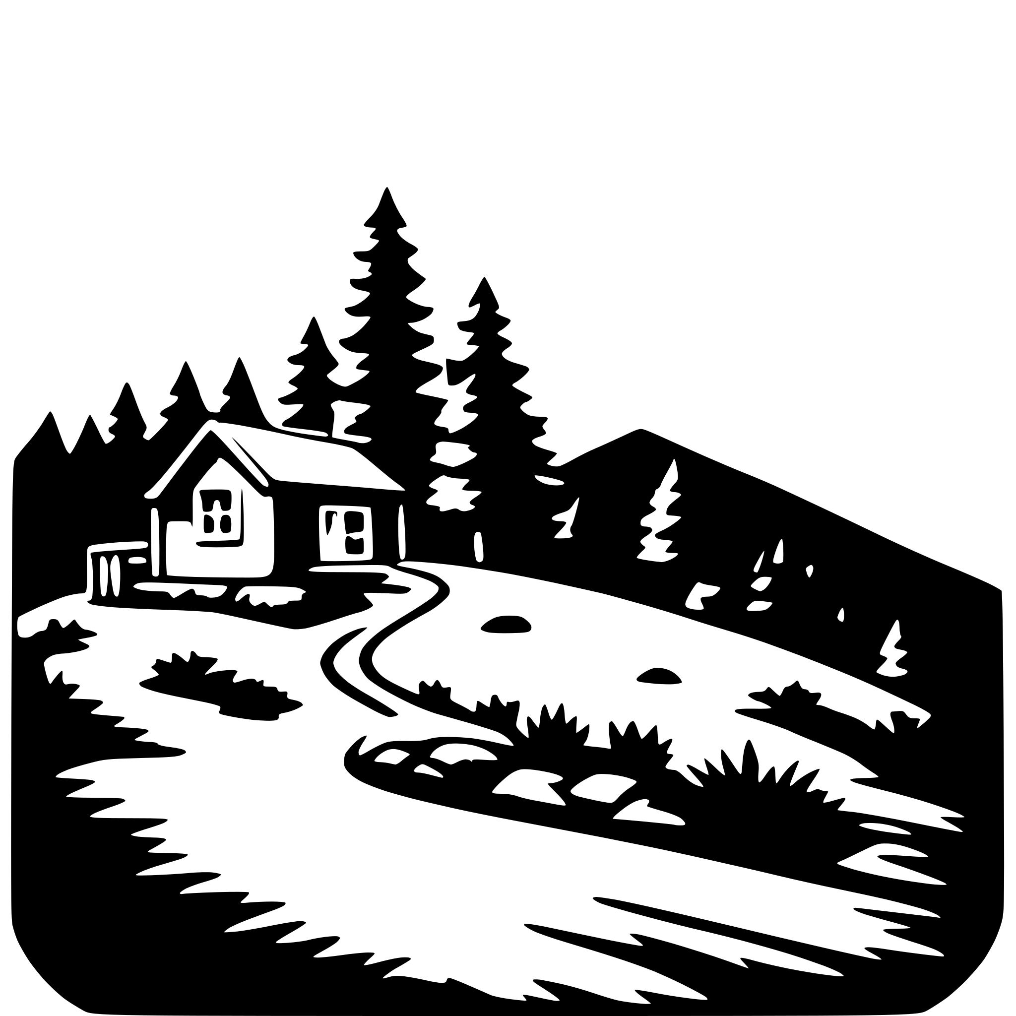 The SVG depicts a stylized, simplistic scene of a house and its surroundings. The house is a single-story structure with a pitched roof, two windows, and a small porch. A path leads up to the house, suggesting a welcoming entrance. The background features a series of trees, with the tallest one on the left side, and a hill or mountain on the right. The overall style is minimalistic, with a focus on outlines and shapes rather than intricate details. The SVG is likely intended for use as a logo, icon, or decorative element due to its simplicity and lack of color. 