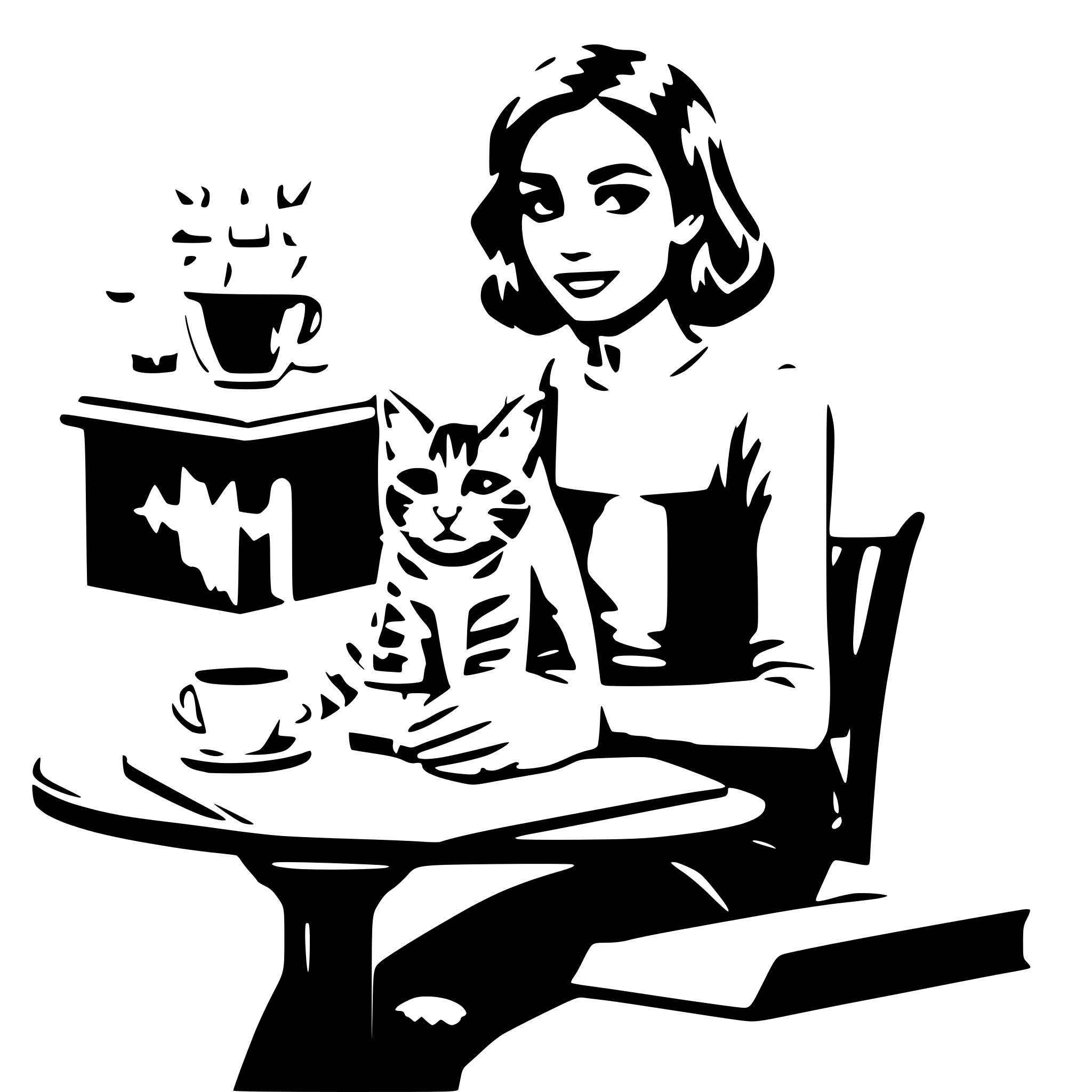 AI-generated SVG of a a girl sitting on a desk with a coffee cup on it and she is holding a book. there are also 2 cats on the desk., line art, logo, circular AI-generated SVG of a a girl sitting on a desk with a coffee cup on it and she is holding a book. there are also 2 cats on the desk., line art, logo, circular