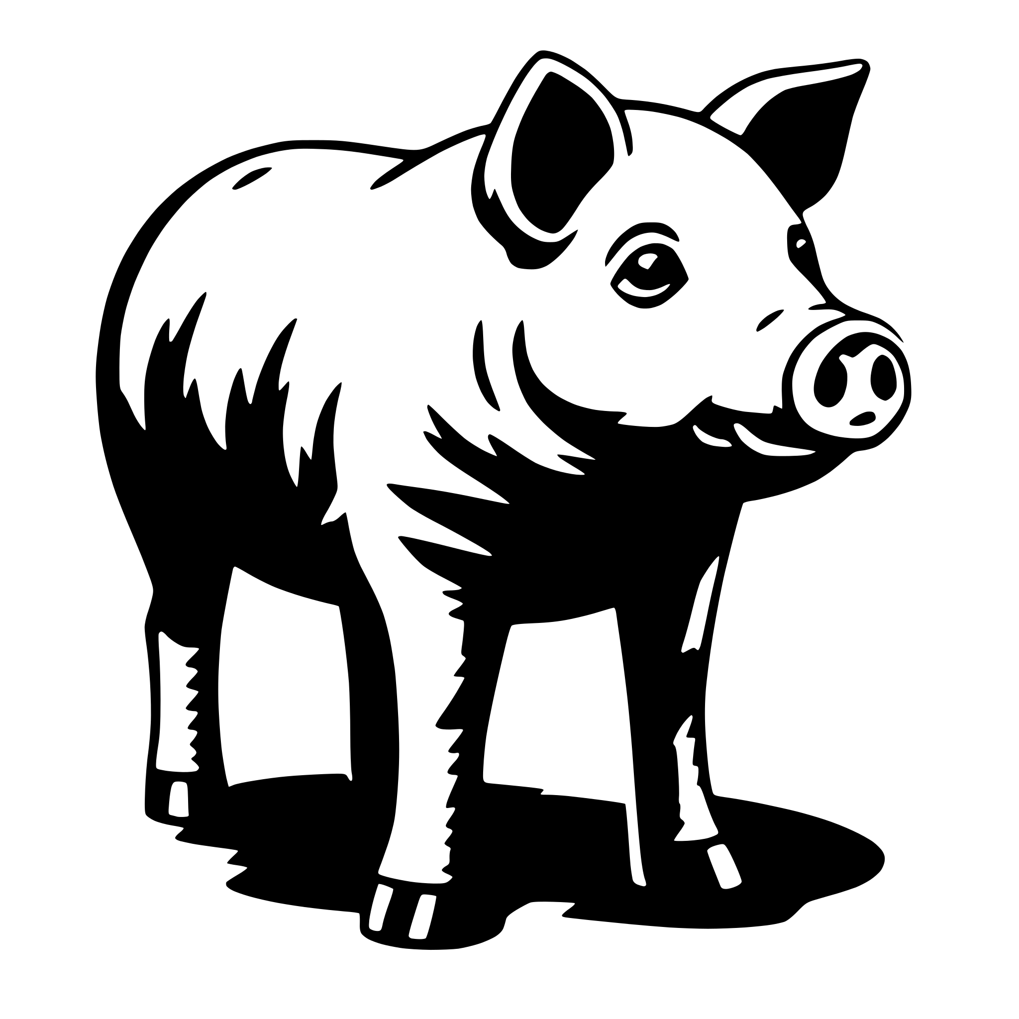 The SVG depicts a simple, stylized black and white illustration of a pig. The pig is standing upright on all fours, with its head turned slightly to the left. It has a round body, a long snout with a visible nostril, and two small, pointed ears. The pig's legs are short and sturdy, and it has a small tail. The SVG is flat with no shading or depth, giving it a minimalist and cartoonish appearance. 