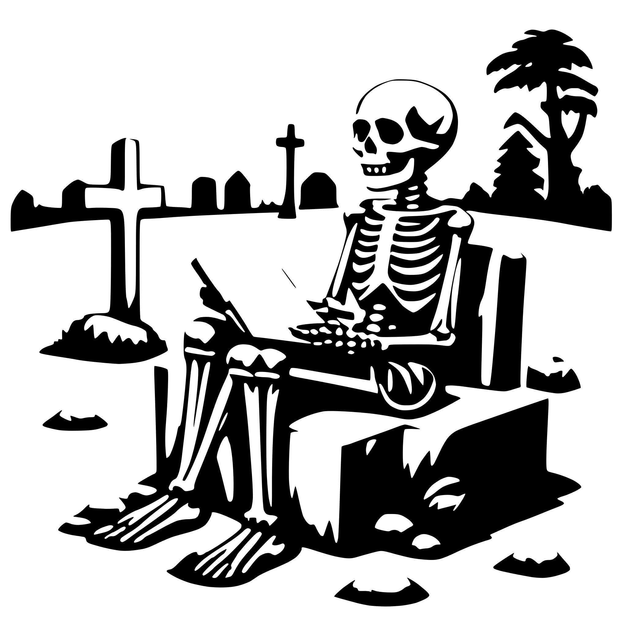 AI-generated SVG of a a reading skeleton on a cemetery
