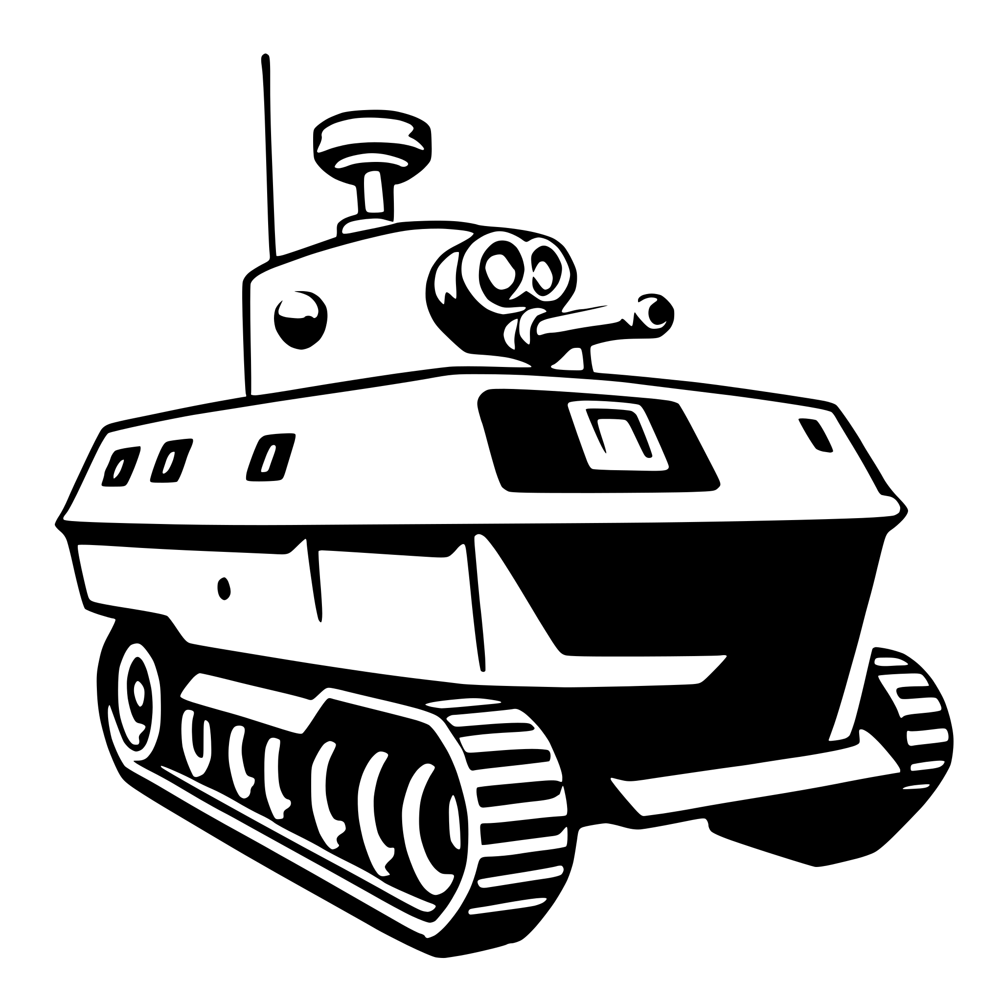 The SVG depicts a simplistic, stylized tank. The tank has a prominent turret with a barrel and a sighting device. The main body of the tank features a flat front with a rectangular opening, likely for the driver, and a series of smaller rectangles that could represent storage compartments or ventilation slots. The tank has six wheels arranged in two sets of three, with the front set being slightly larger than the rear set. The tank is shown in a front-facing perspective, and there are no visible texts or additional elements in the SVG. The style is reminiscent of a line drawing, with solid black outlines and no shading or coloring. 