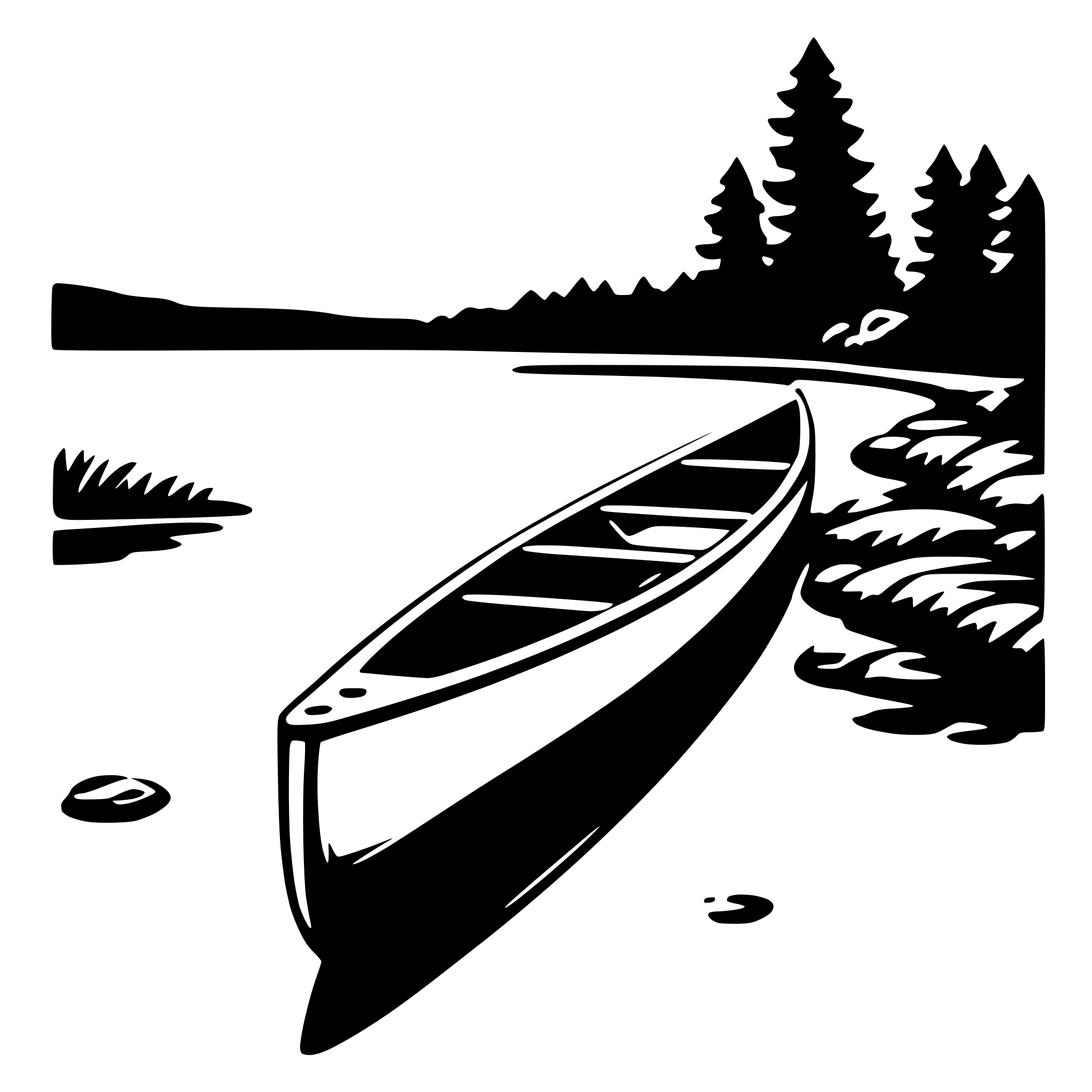 The SVG depicts a stylized scene with a canoe on a body of water. The canoe is positioned on the right side of the SVG, with its bow facing towards the left. The water appears calm, with small ripples suggesting movement. On the left side of the SVG, there is a silhouette of a forest with trees and a path leading into the distance. The trees are depicted with varying heights, creating a sense of depth. The overall style of the SVG is simplistic and uses solid black lines against a white background, which gives it a graphic and iconic appearance. 