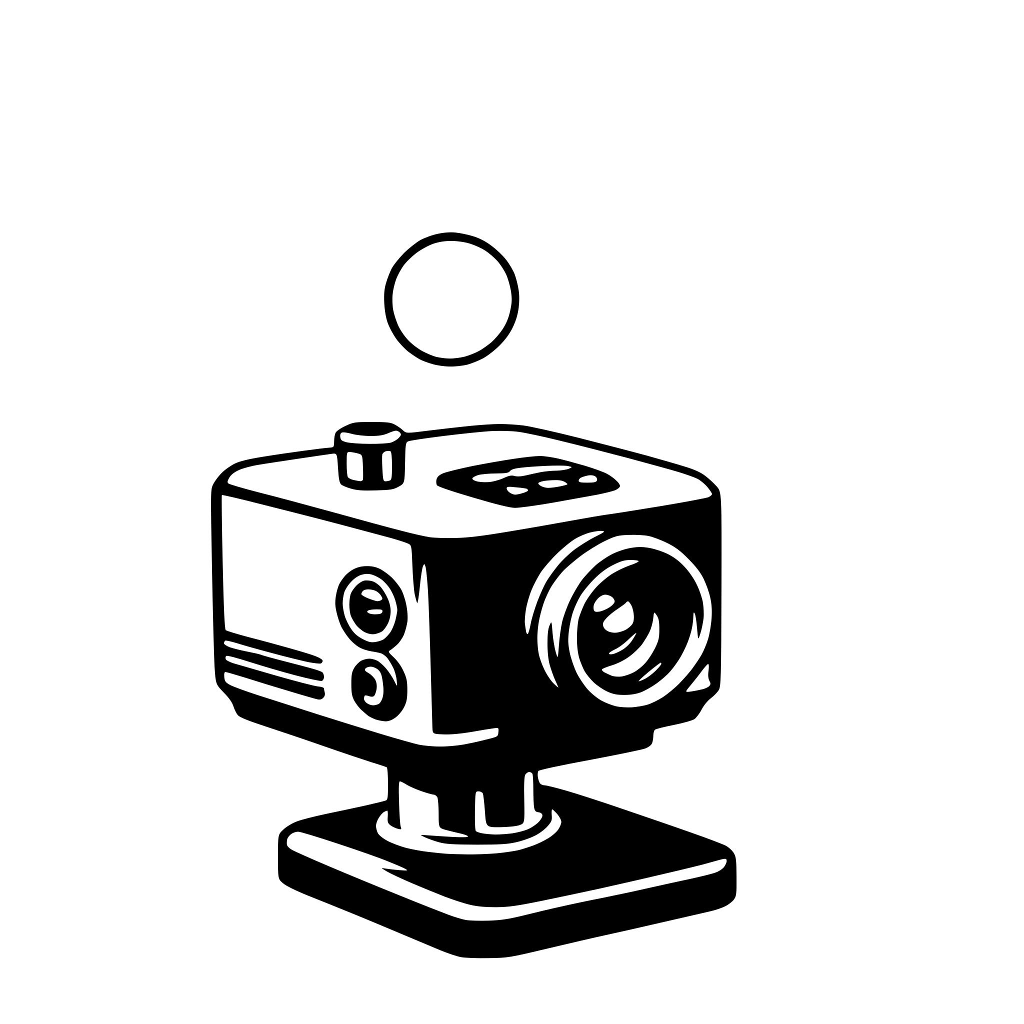 The SVG depicts a stylized camera with a lens on the front, mounted on a tripod. The camera has a simple, cartoon-like design with a body that appears to have a viewfinder and a flash on the top. The tripod is a basic three-legged stand, and the camera is positioned on top of it. The SVG is minimalistic and does not contain any additional elements or background details. 