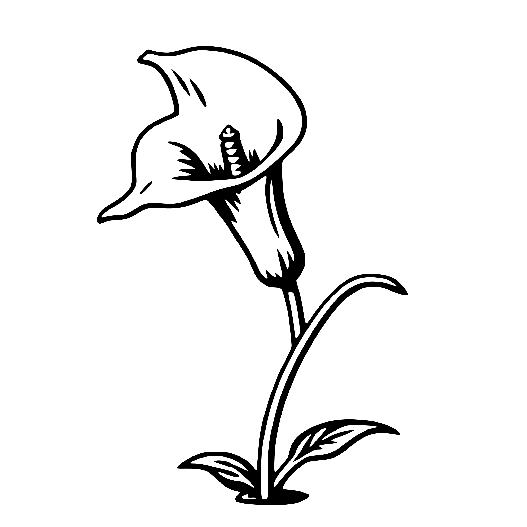 The SVG depicts a simple line drawing of a single flower with a curved petal and a straight stem with a single leaf. The flower is centered and stands out against a plain background. The style is minimalistic and the SVG does not contain any text or additional objects. 