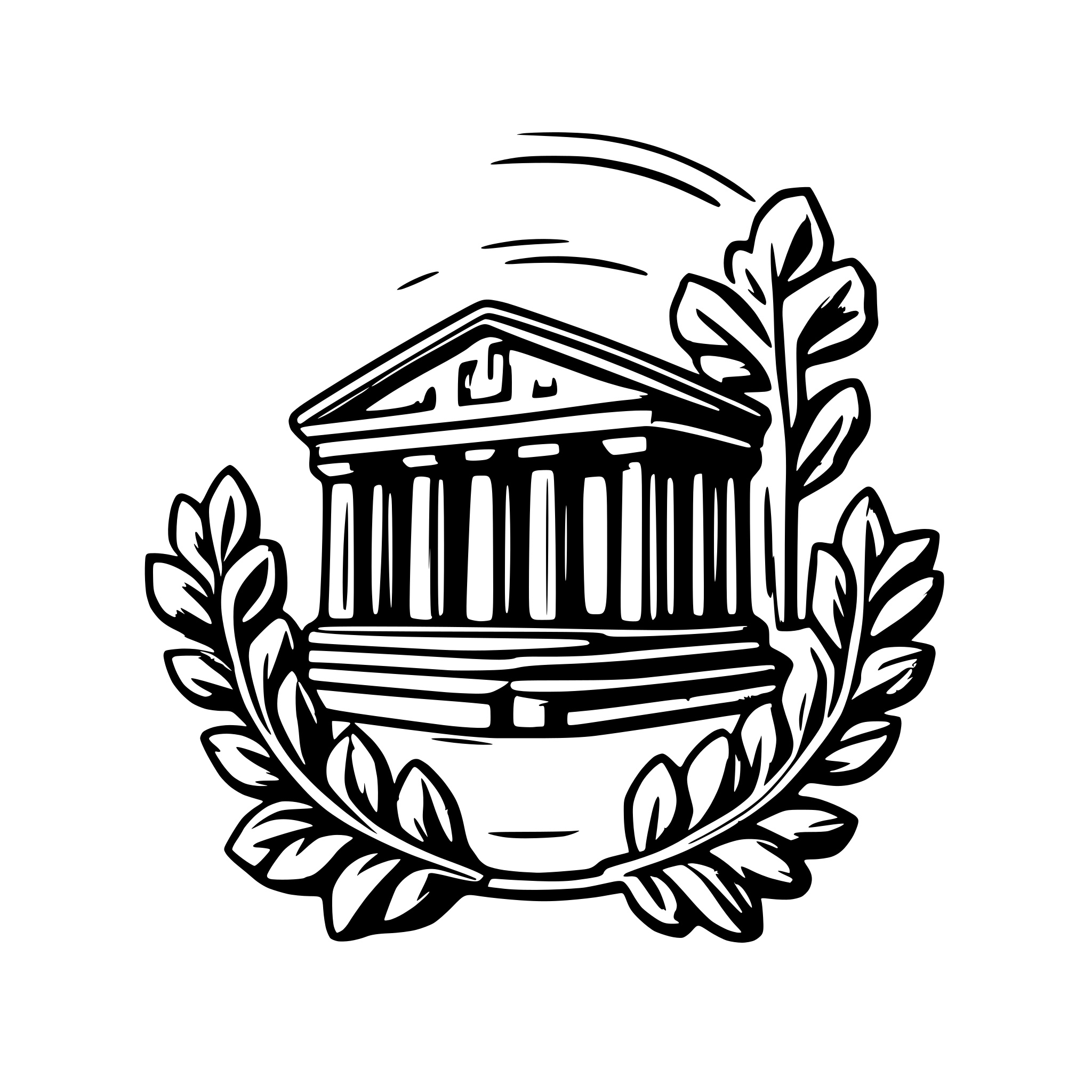 AI-generated SVG of 'draw a greek temple in the foreground with a laurel wreath and olive trees in the background as a logo for a farm producing Sicilian extra virgin olive oil'