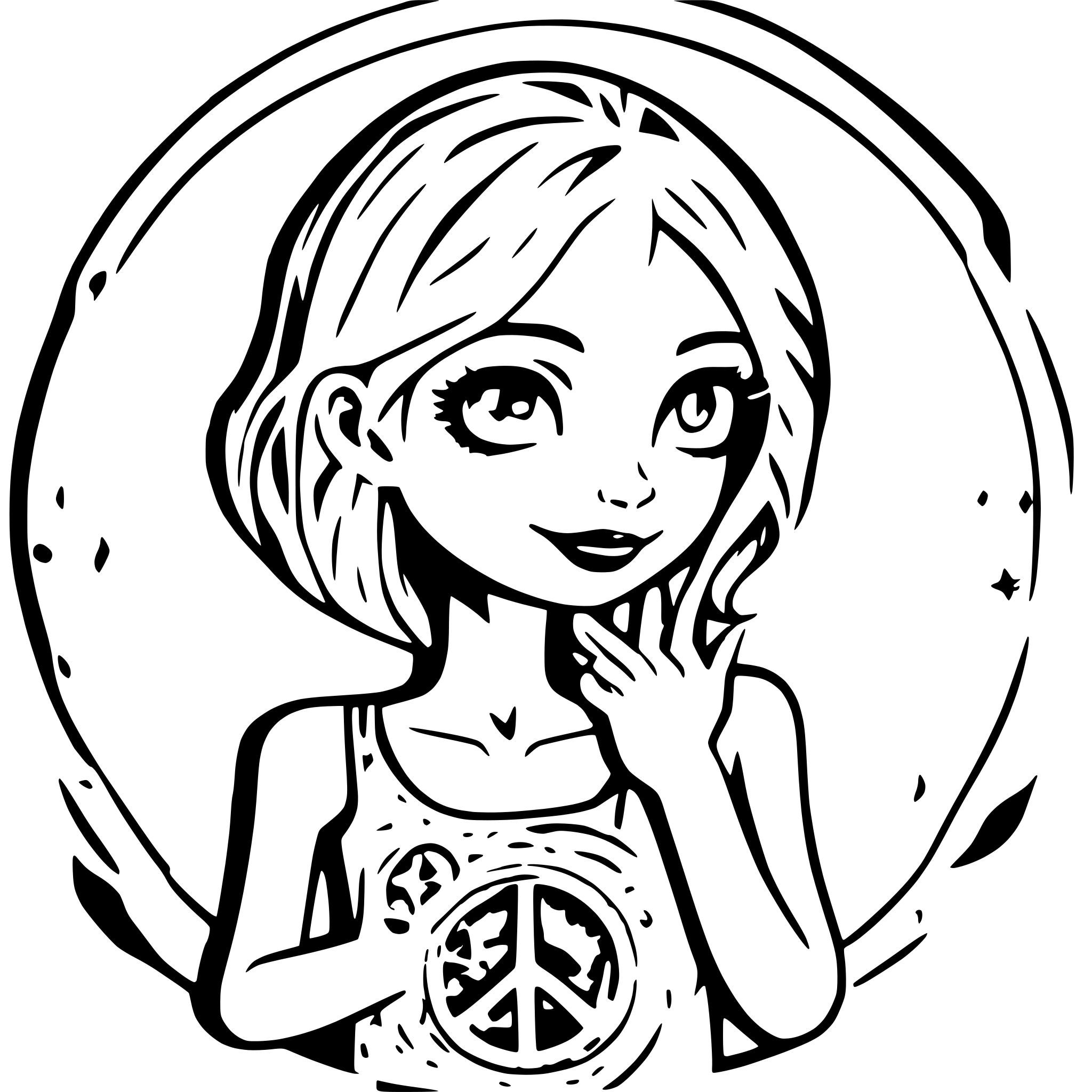 AI-generated SVG of a Cute smiling zombie lady encircled in a coin with stars and moon in the background. Wearing a tank top and showing peace sign with her hand. you can see her from head to knees