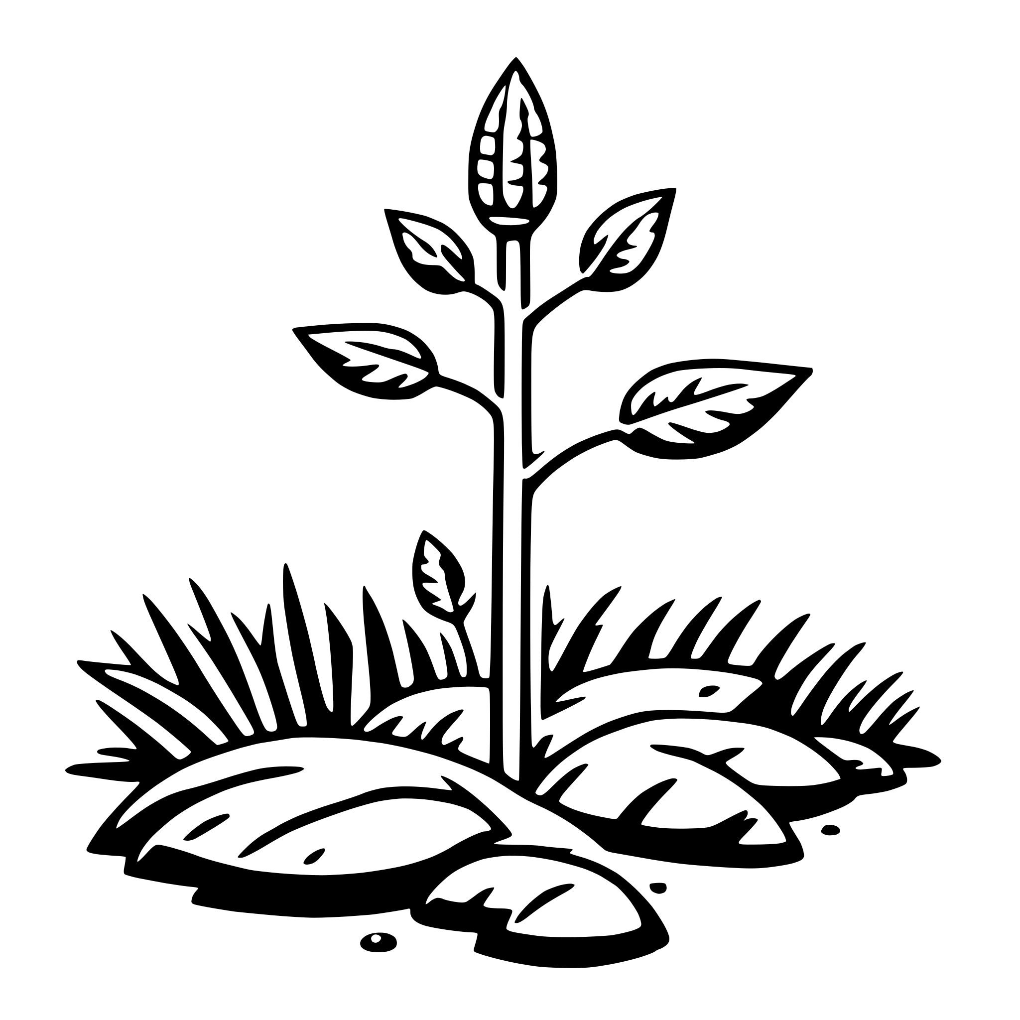 The SVG depicts a stylized plant with a prominent central stem, from which three leaves extend outward. The leaves are detailed with veins and have a slightly curved shape. At the base of the stem, there is a cluster of what appears to be small, rounded leaves or buds. The plant is set against a simple, solid background. The overall style is minimalistic and graphic, with clean lines and a limited color palette. 
