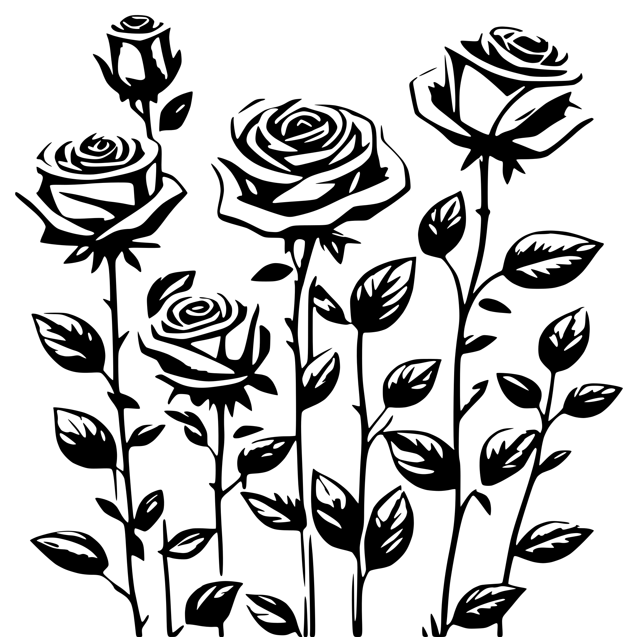 AI-generated SVG of a roses in a row with small leaves 10 centimeters long only lines