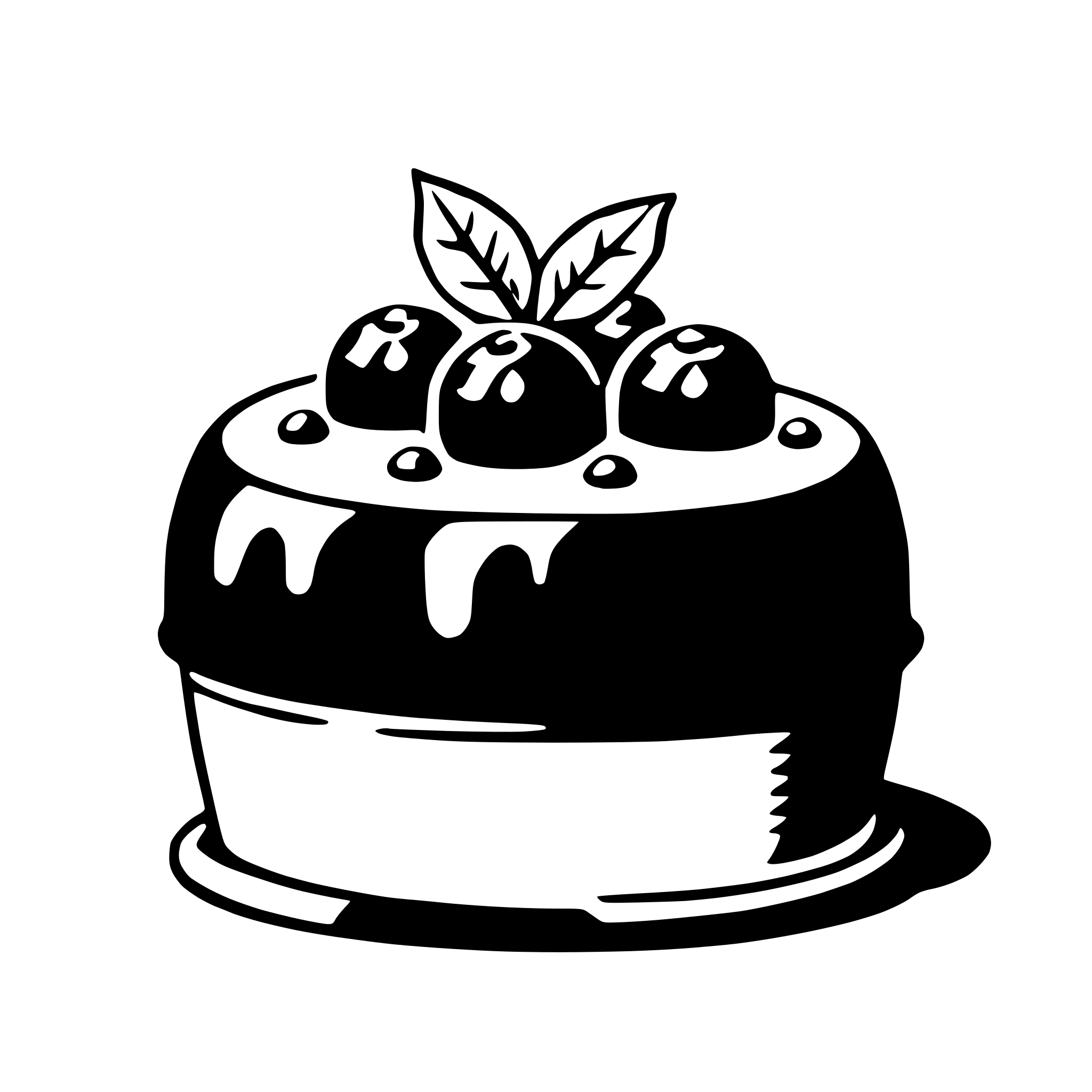 The SVG depicts a stylized cake with a single leaf on top. The cake is round with a flat base and a slightly domed top. It is decorated with a drizzle of icing or sauce, which is depicted with a simple zigzag pattern. On top of the cake, there are three black, spherical objects that resemble berries or fruits, each with a small stem or leaf attached. The leaf on top of the cake is larger and more detailed than the berries, with a more realistic representation of a leaf's veins and structure. The overall style of the SVG is simplistic and cartoonish, with bold outlines and minimal shading. 