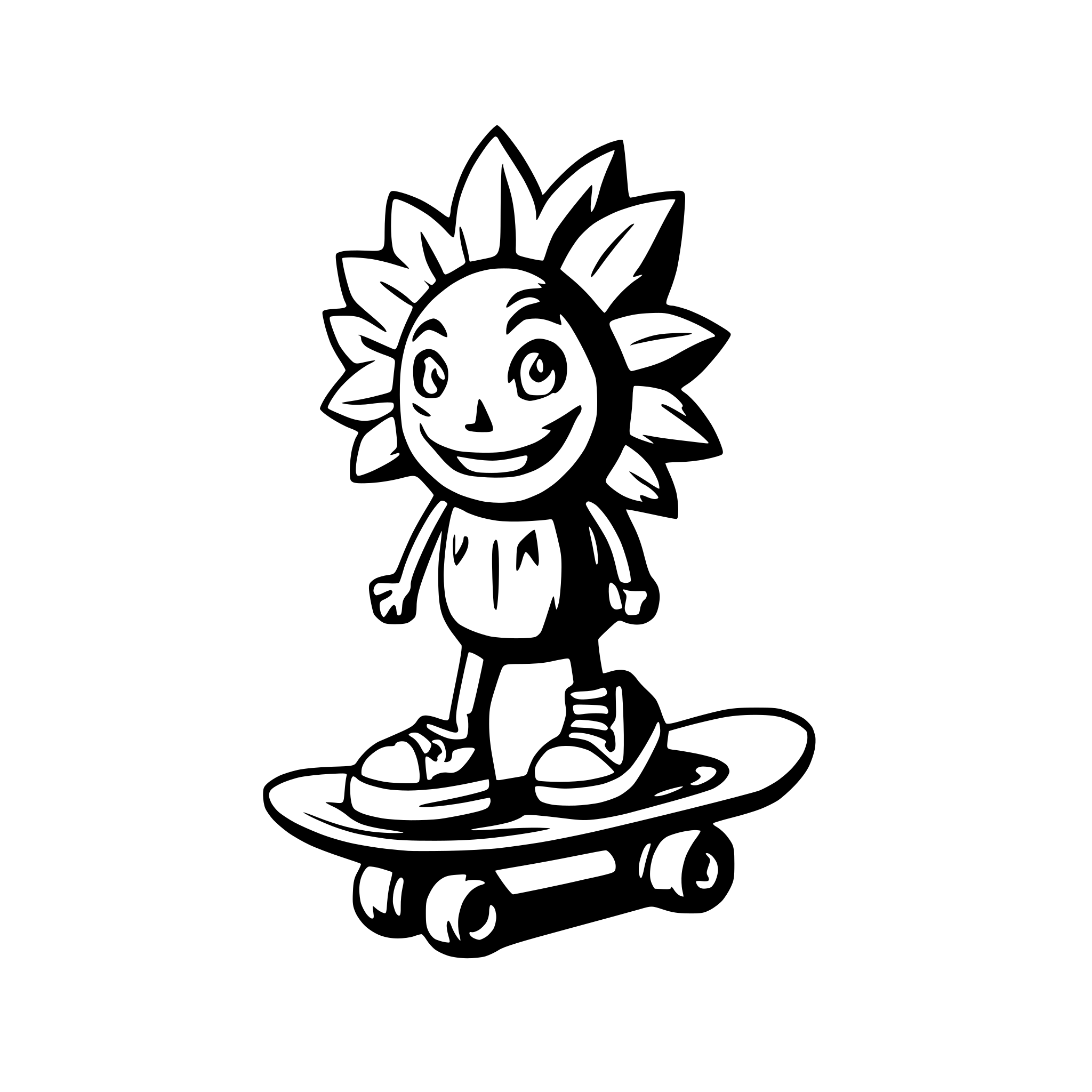 AI-generated SVG of a a sunflower character with his converse sneakers riding a skate board