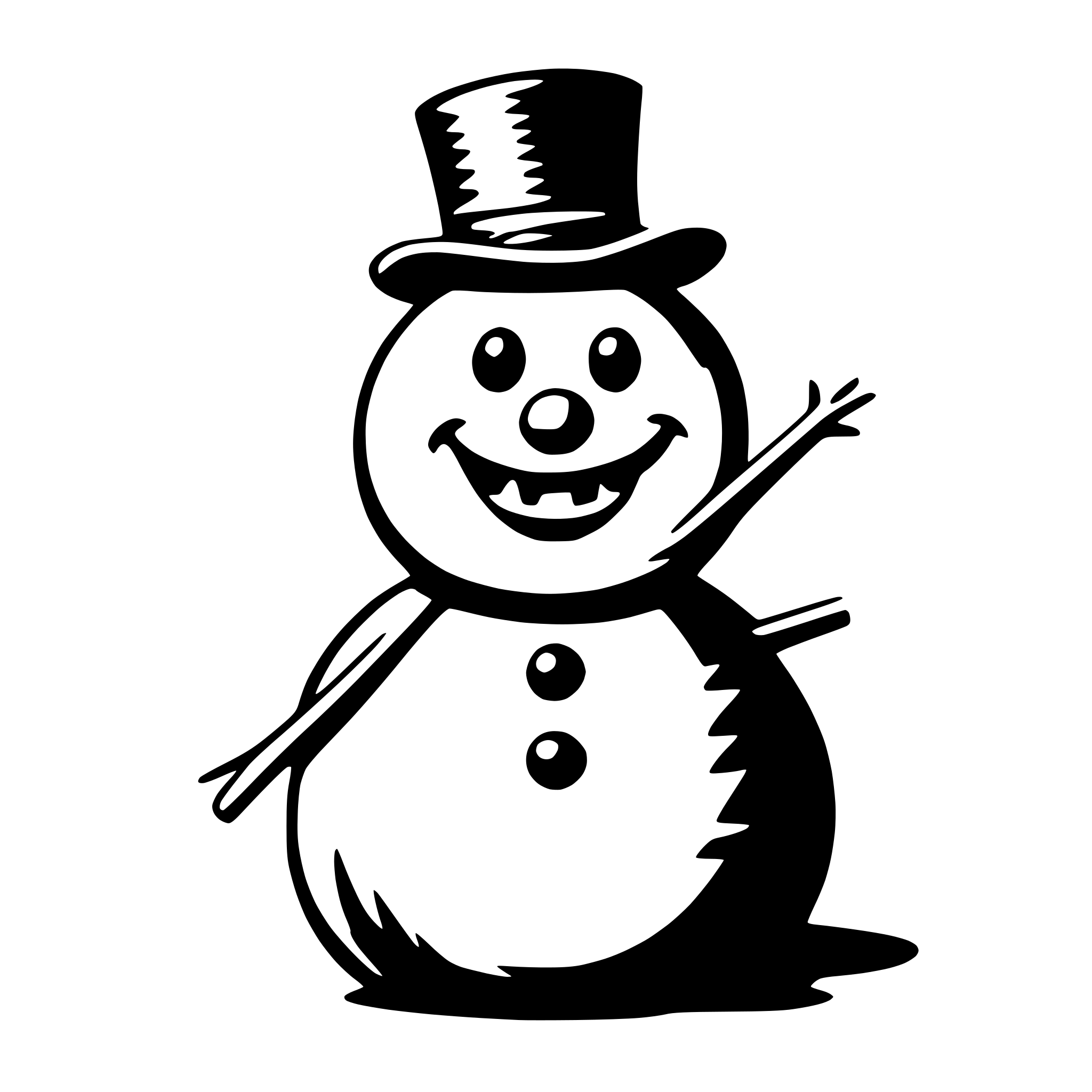 The SVG depicts a simple, cartoon-style representation of a snowman. The snowman has a round head, two dots for eyes, a smile, and a carrot nose. It is wearing a black top hat and has two arms extended outward. The snowman is standing upright on a flat base, which is also a part of its body. The SVG is a vector graphic, which means it is scalable and can be resized without losing quality. 