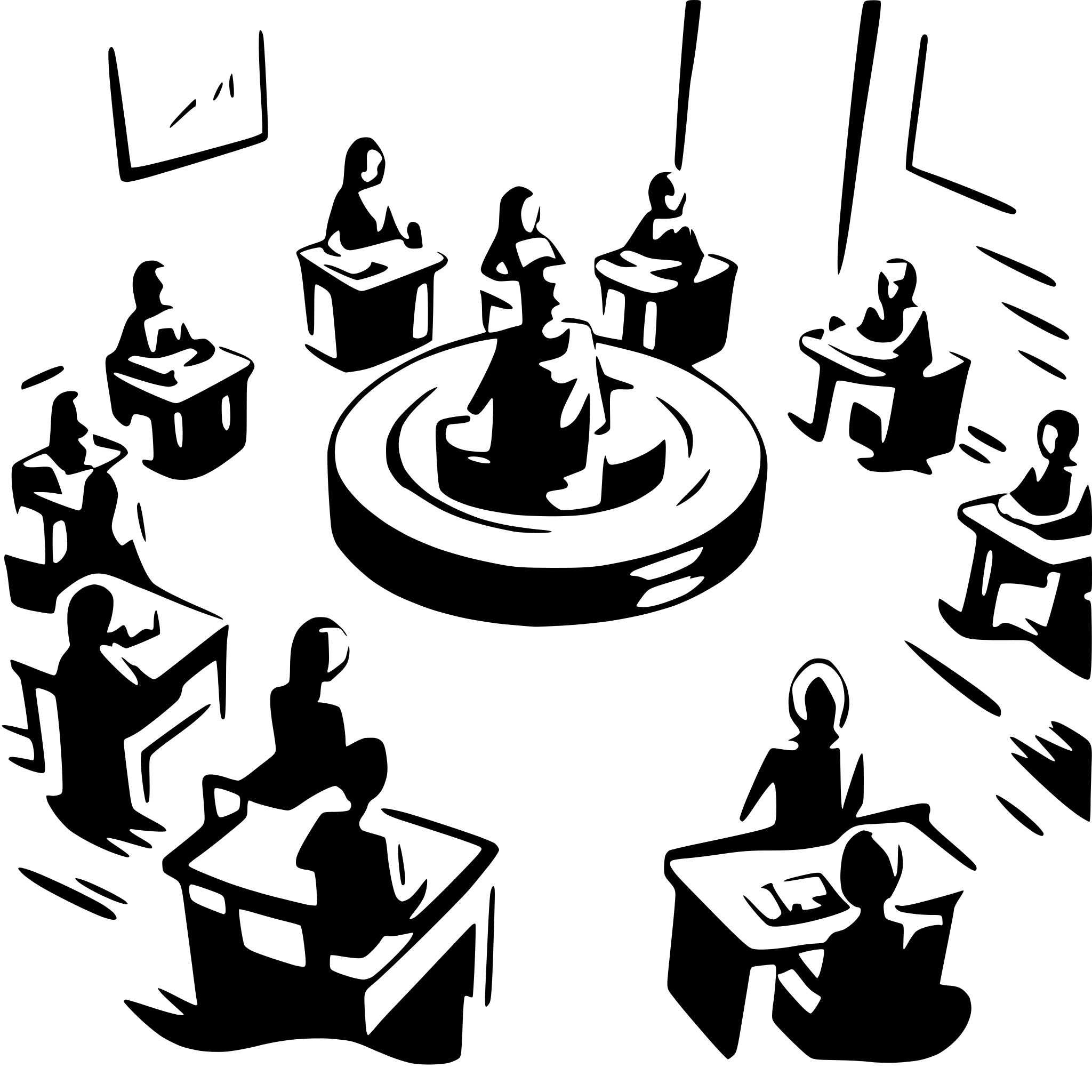 AI-generated SVG of 'An abstract logo image showing a group of students sitting in a traditional classroom on desks facing front attending to the teacher showing viewed from a cctv camera'